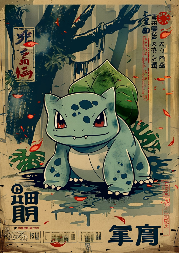 Bulbasaur Artwork: Japanese Tapestry Style Pokemon Inspired Anime Poster, Pokemon TCG Bulbasaur