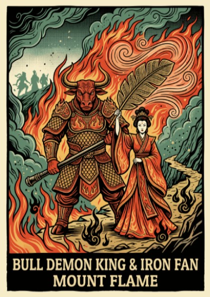 Poster featuring Bull Demon King and Princess Iron Fan standing before Mount Flame flames.