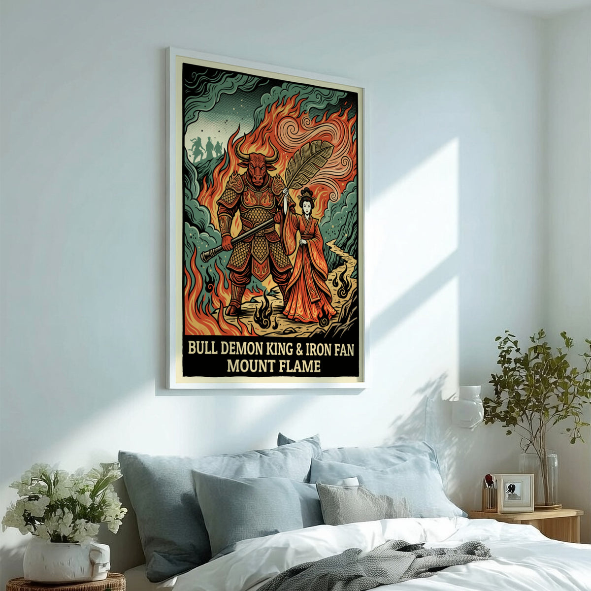 Poster featuring Bull Demon King and Princess Iron Fan standing before Mount Flame flames.