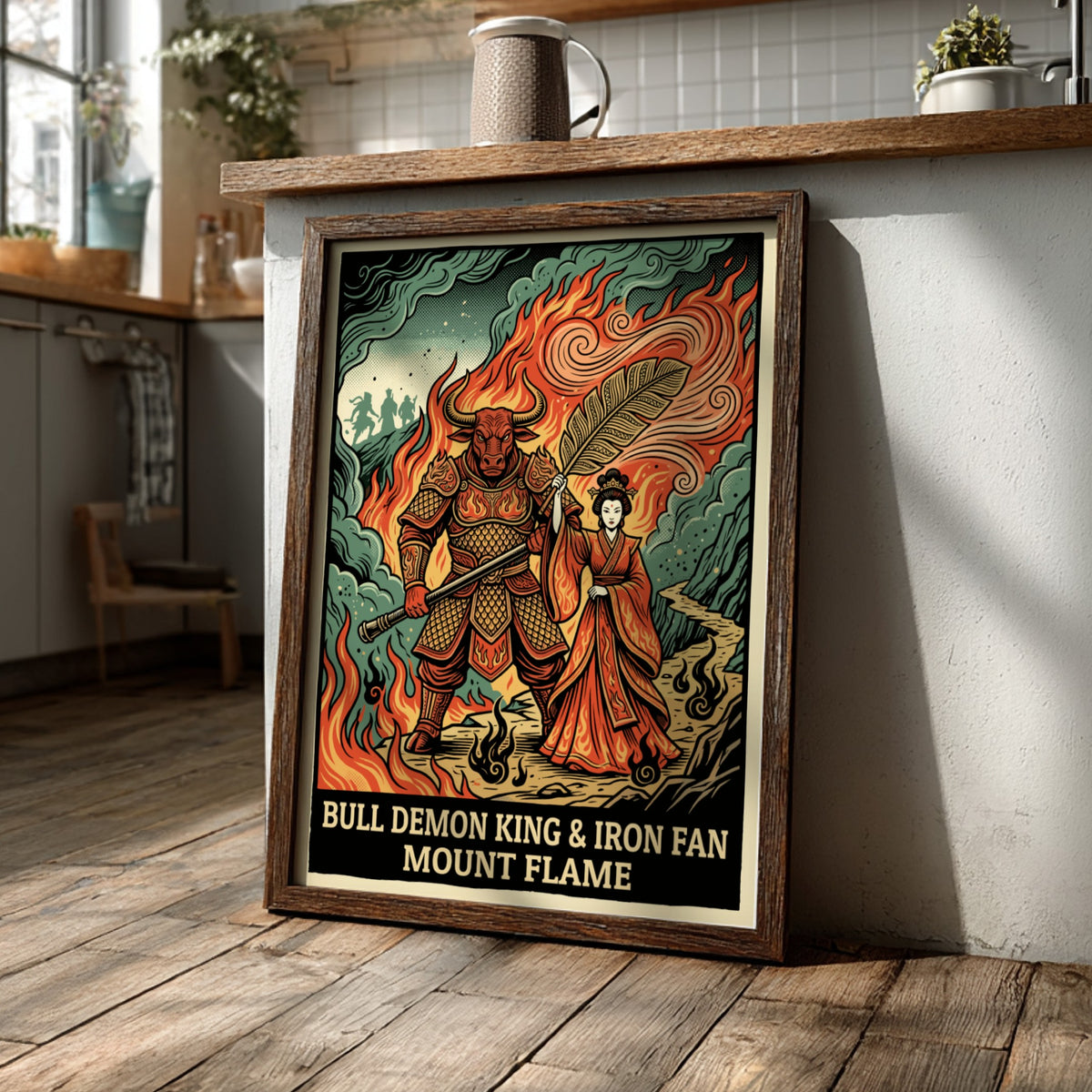 Poster featuring Bull Demon King and Princess Iron Fan standing before Mount Flame flames.