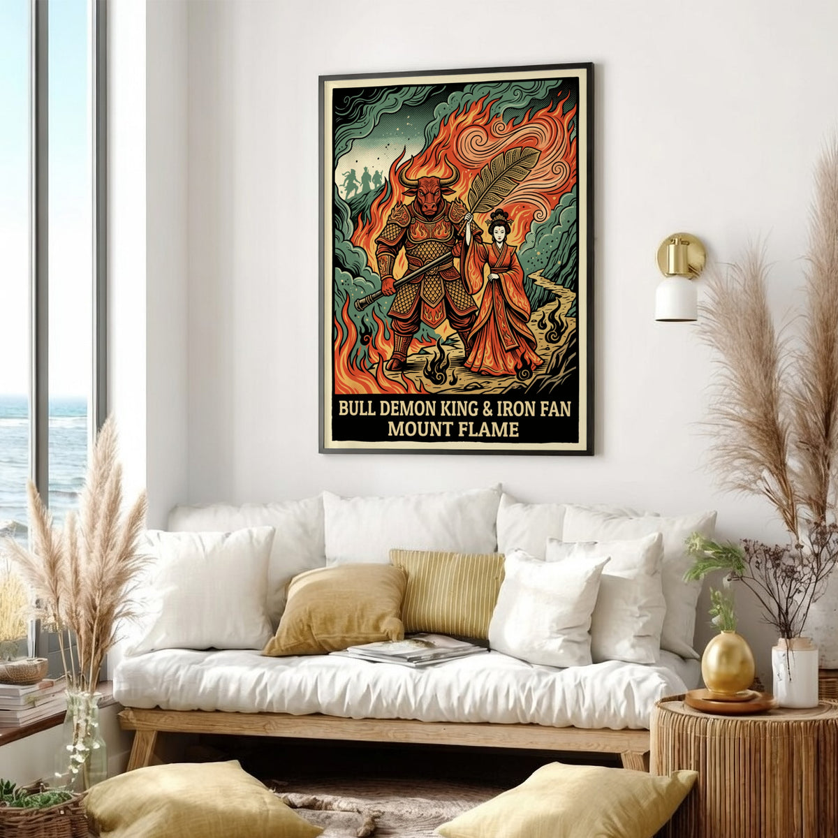Poster featuring Bull Demon King and Princess Iron Fan standing before Mount Flame flames.