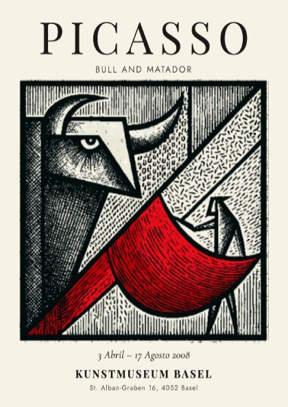 Bull and Matador poster featuring bold geometric shapes and vibrant colors inspired by Picasso