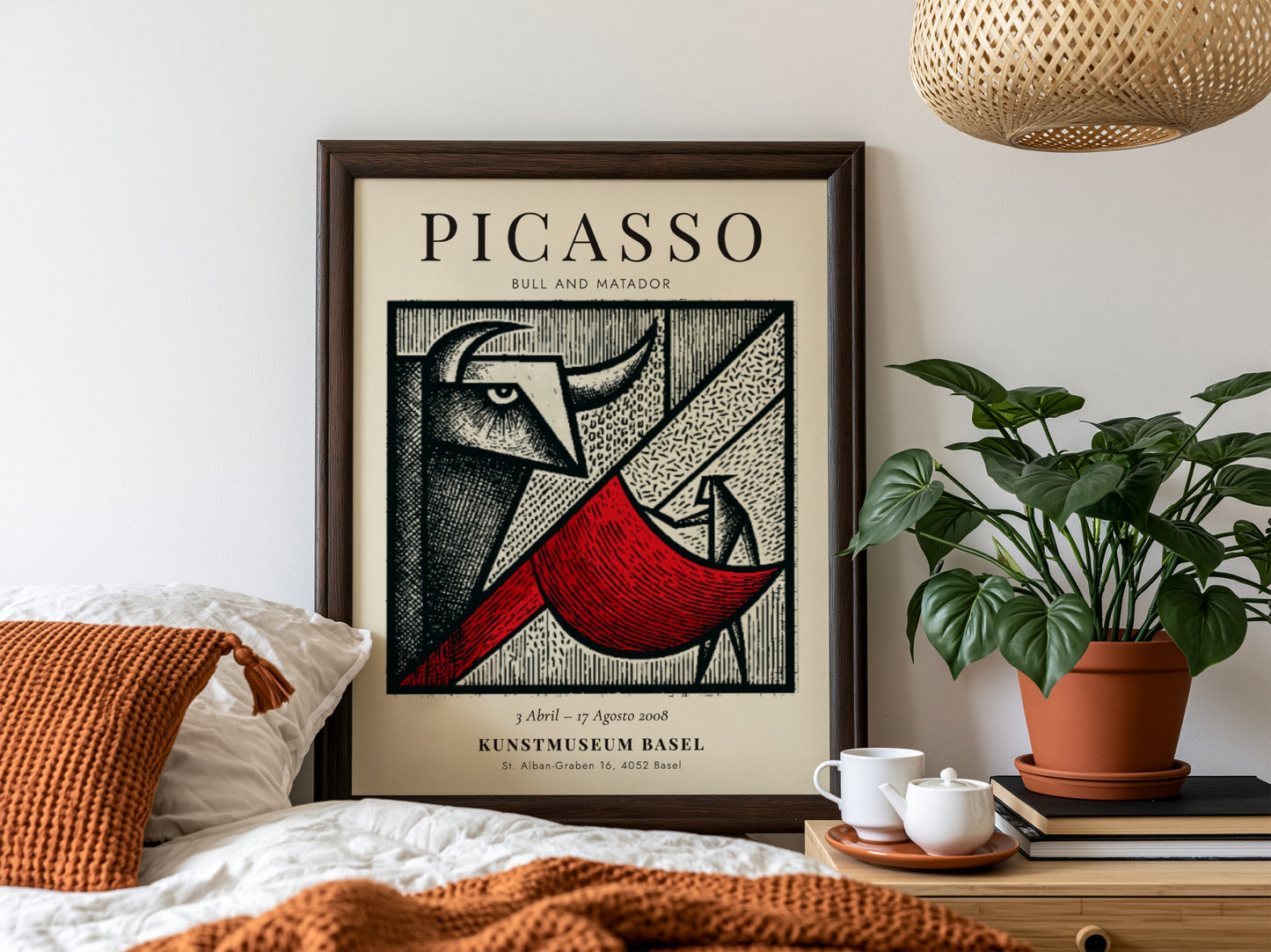 Bull and Matador poster featuring bold geometric shapes and vibrant colors inspired by Picasso
