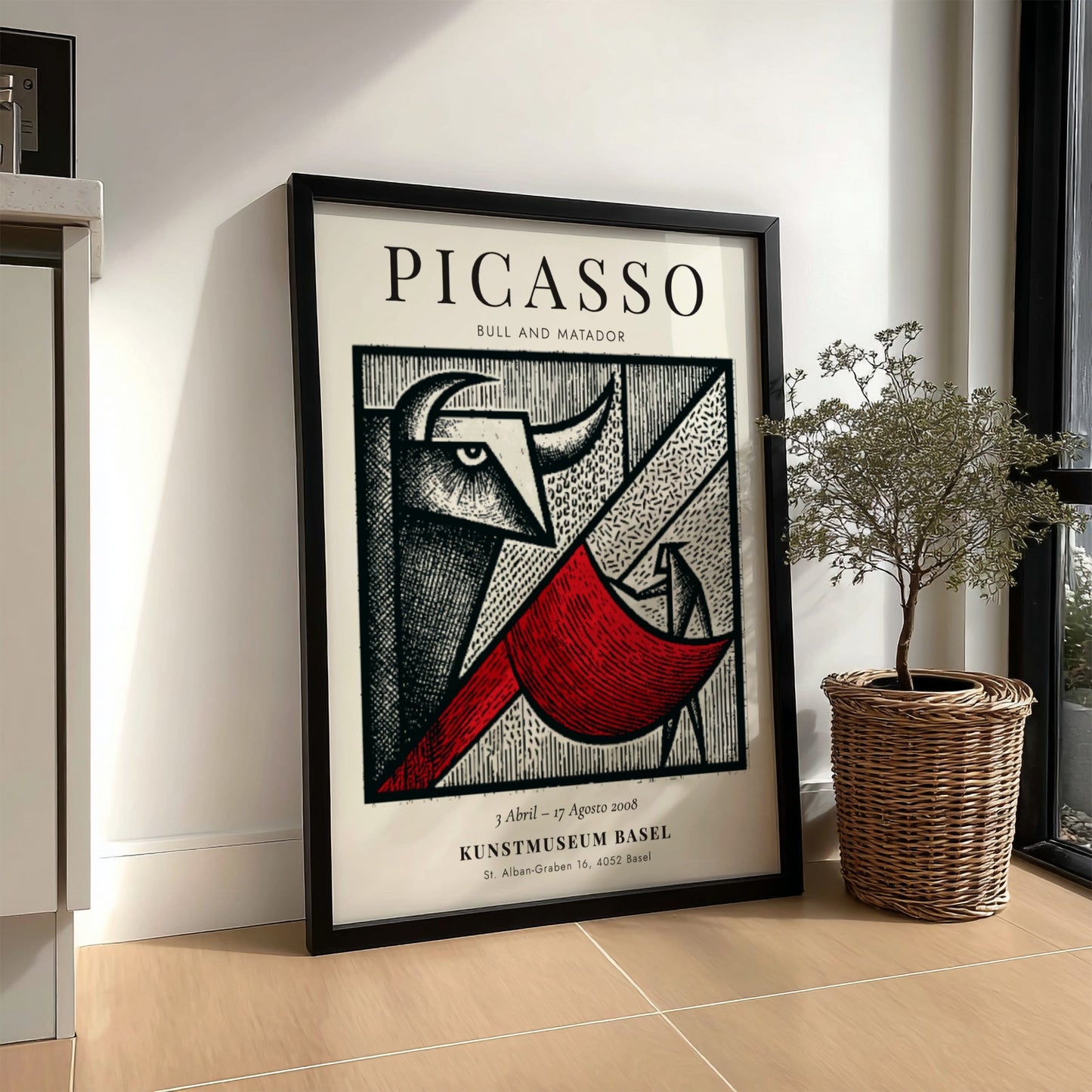 Bull and Matador poster featuring bold geometric shapes and vibrant colors inspired by Picasso