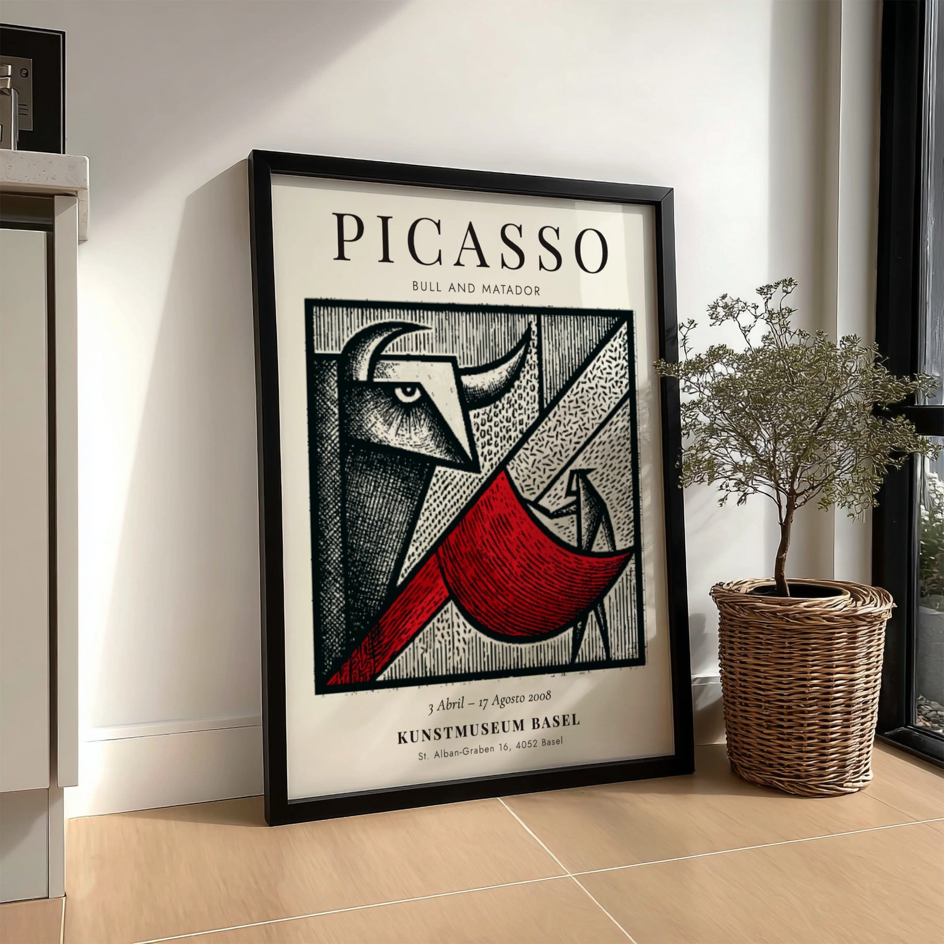 Bull and Matador poster featuring bold geometric shapes and vibrant colors inspired by Picasso