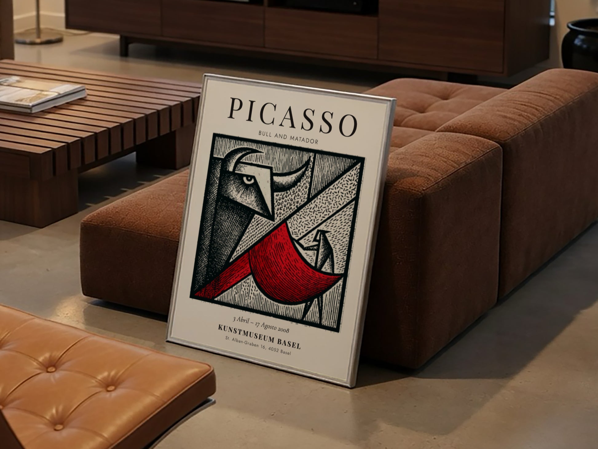 Bull and Matador poster featuring bold geometric shapes and vibrant colors inspired by Picasso