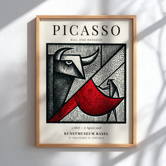 Bull and Matador poster featuring bold geometric shapes and vibrant colors inspired by Picasso
