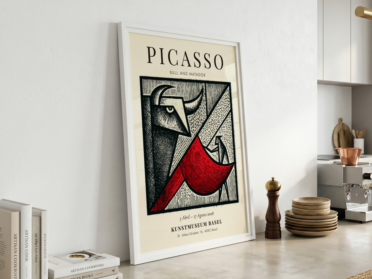 Bull and Matador poster featuring bold geometric shapes and vibrant colors inspired by Picasso