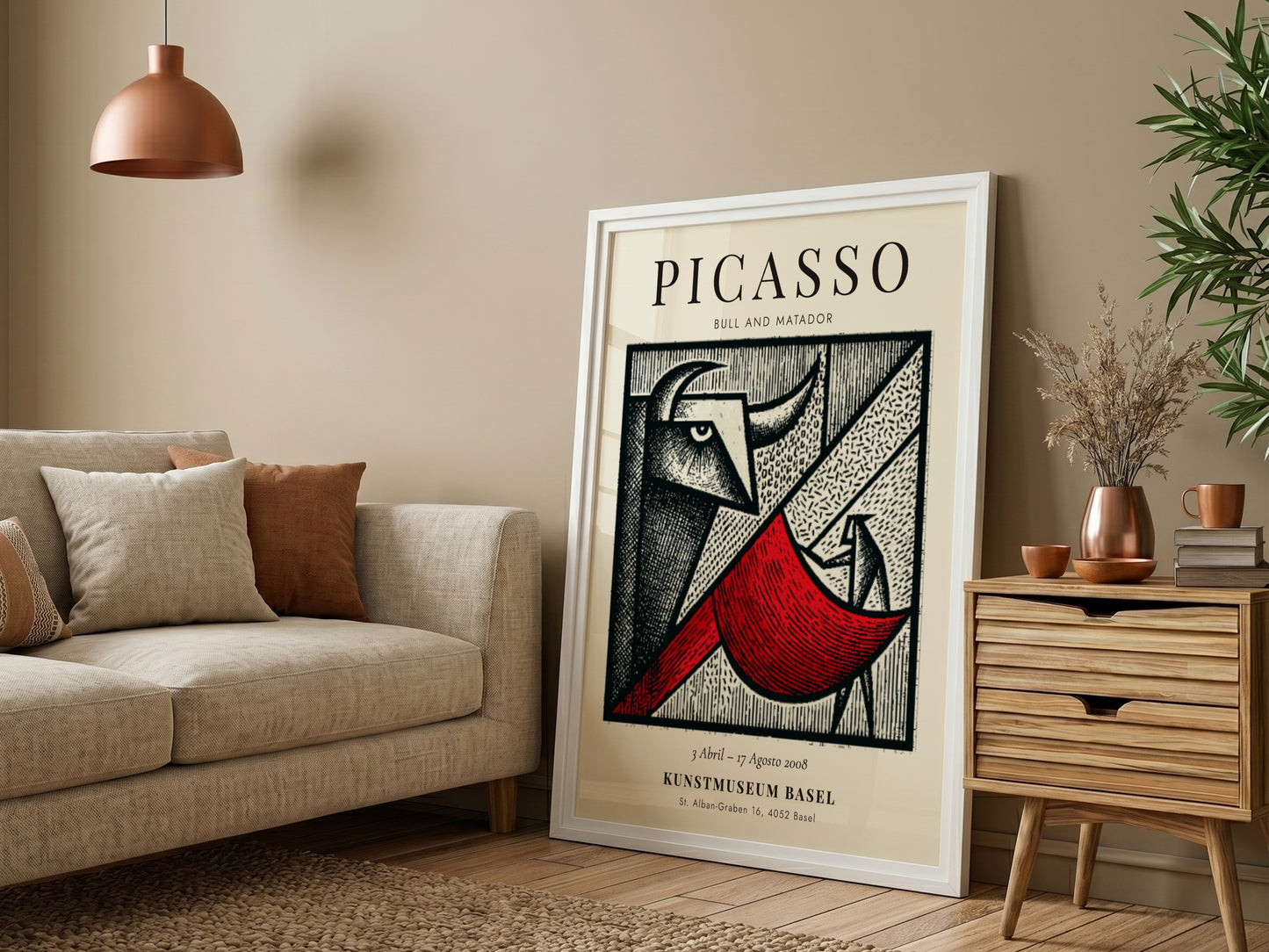 Bull and Matador poster featuring bold geometric shapes and vibrant colors inspired by Picasso