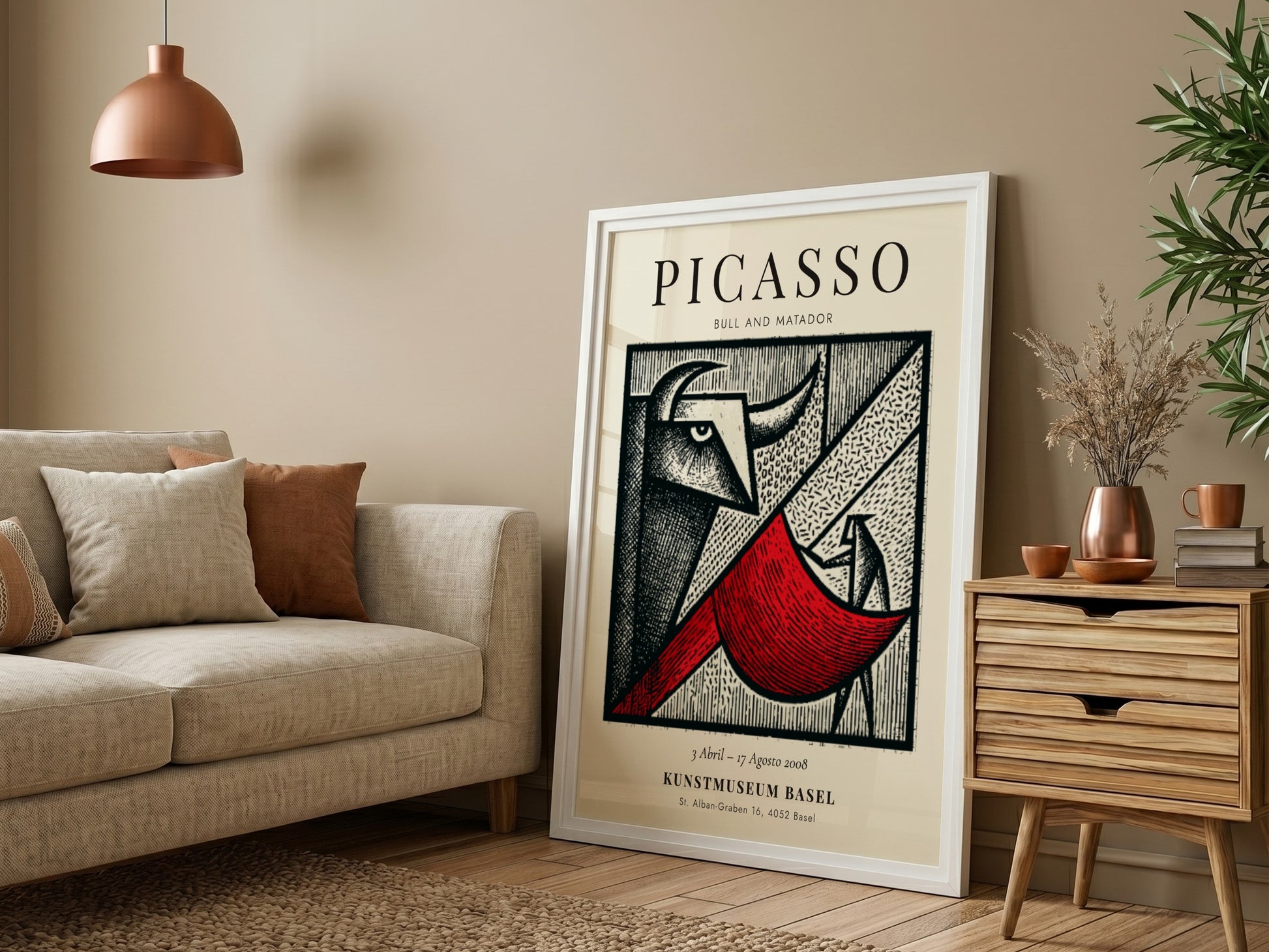 Bull and Matador poster featuring bold geometric shapes and vibrant colors inspired by Picasso