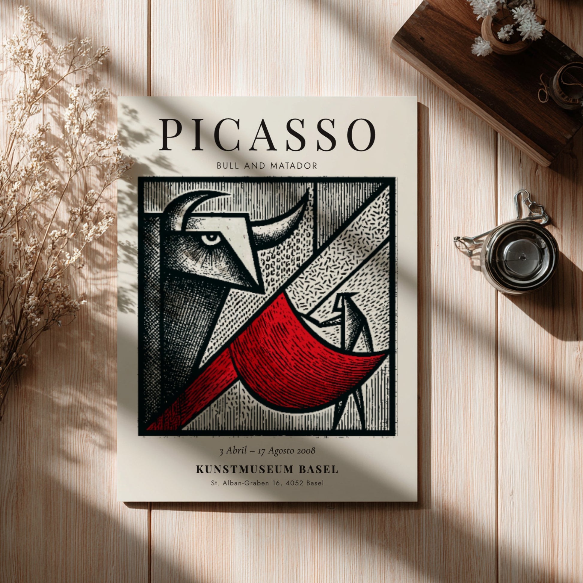 Bull and Matador poster featuring bold geometric shapes and vibrant colors inspired by Picasso