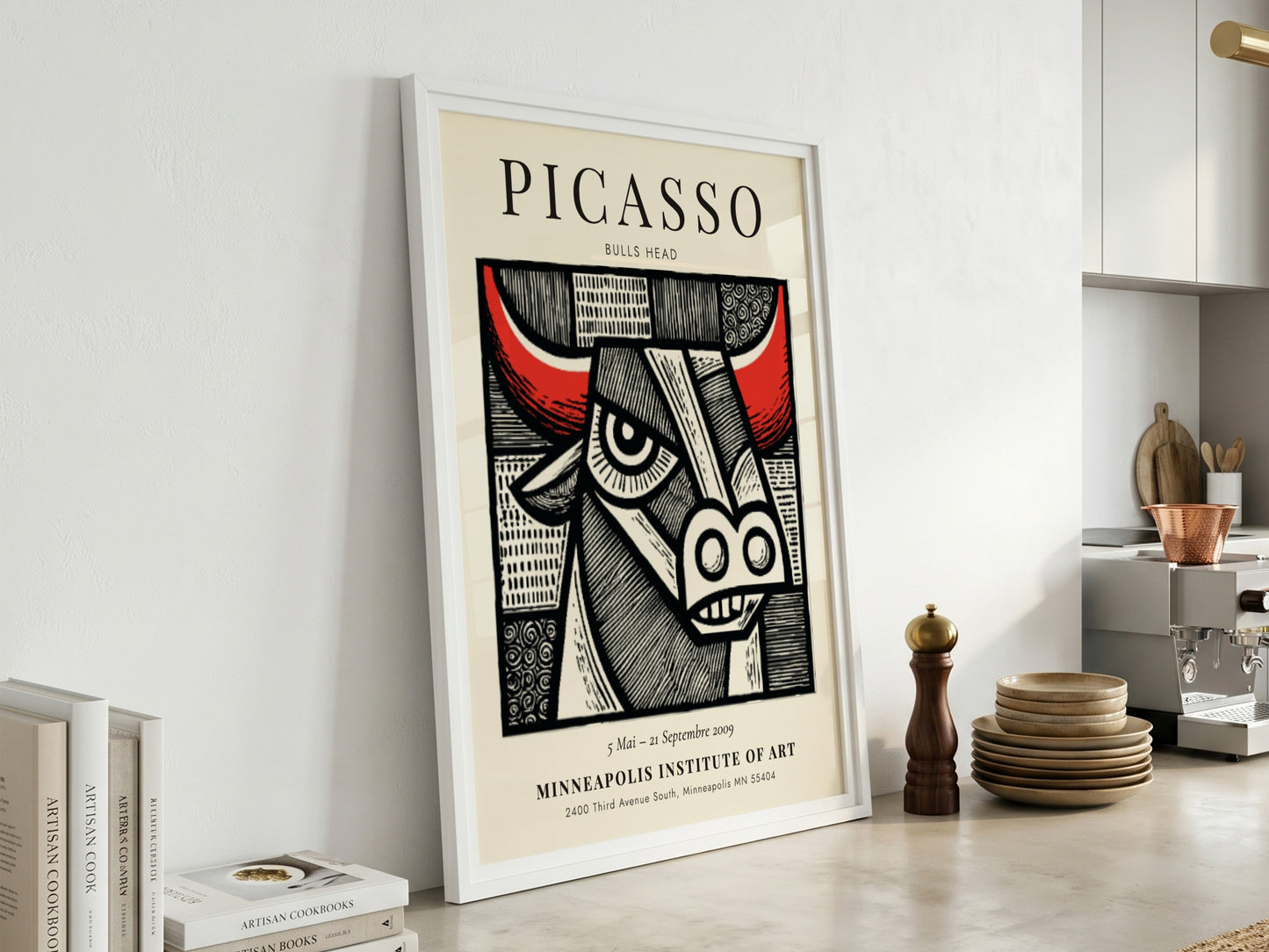 Bulls Head poster featuring bold lines and vibrant colors inspired by Picasso's artwork