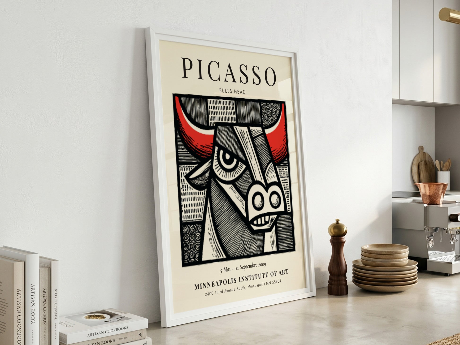 Bulls Head poster featuring bold lines and vibrant colors inspired by Picasso's artwork