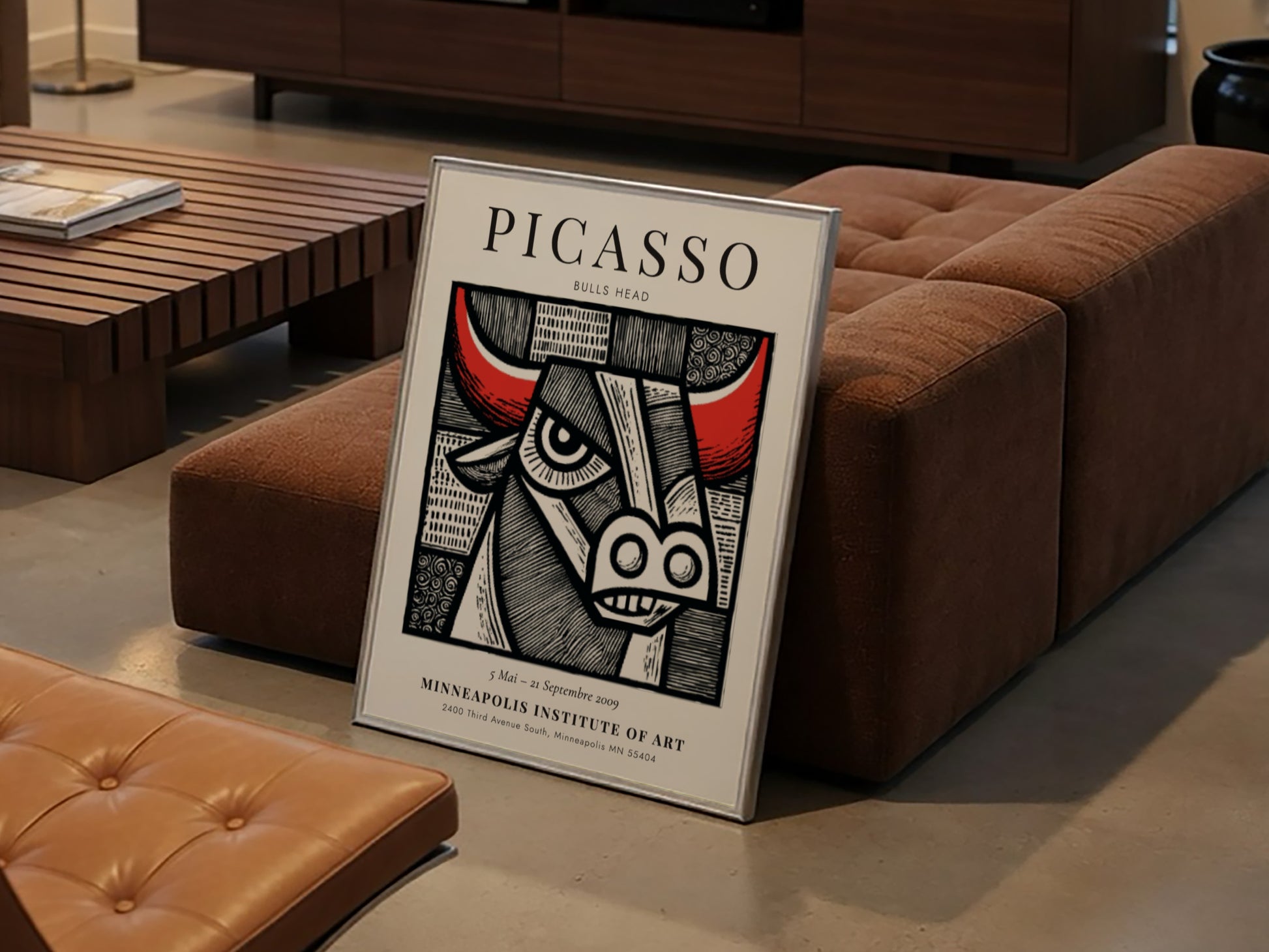 Bulls Head poster featuring bold lines and vibrant colors inspired by Picasso's artwork