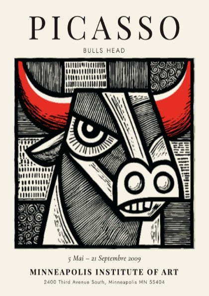 Bulls Head poster featuring bold lines and vibrant colors inspired by Picasso's artwork