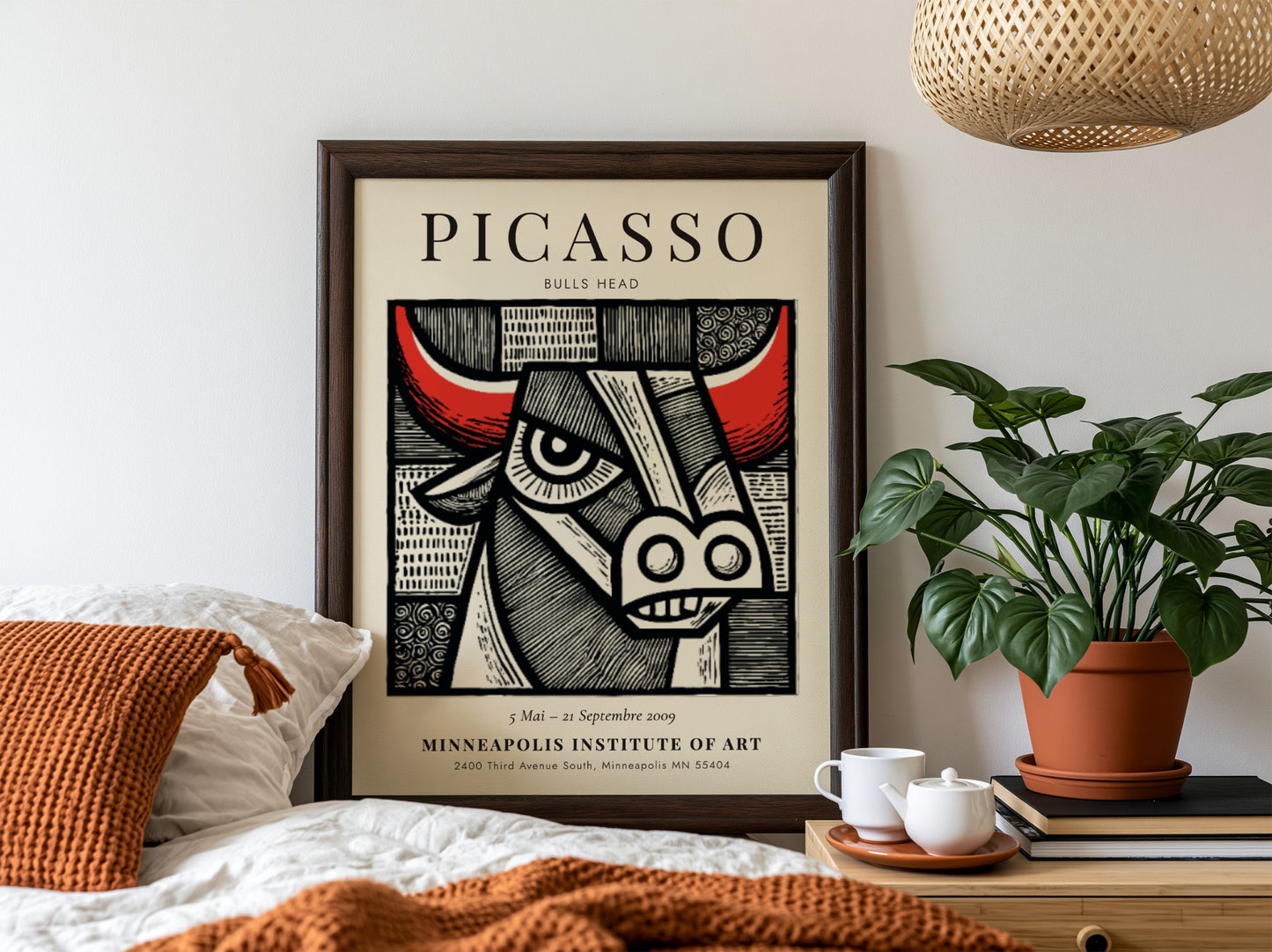 Bulls Head poster featuring bold lines and vibrant colors inspired by Picasso's artwork