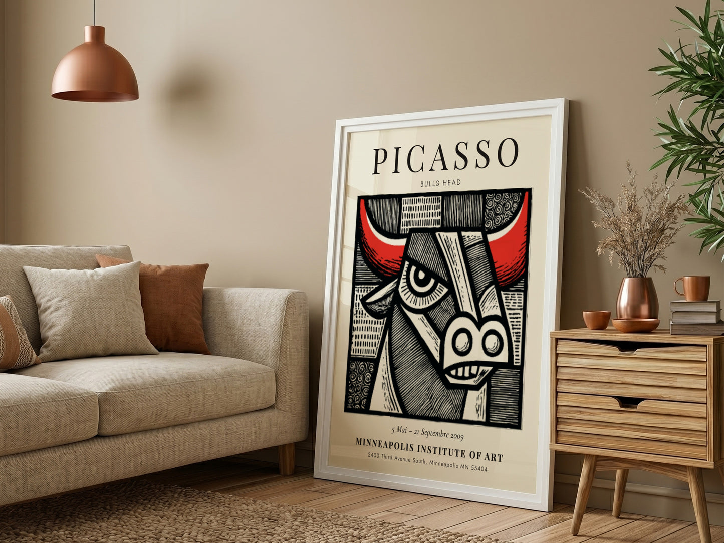 Bulls Head poster featuring bold lines and vibrant colors inspired by Picasso's artwork