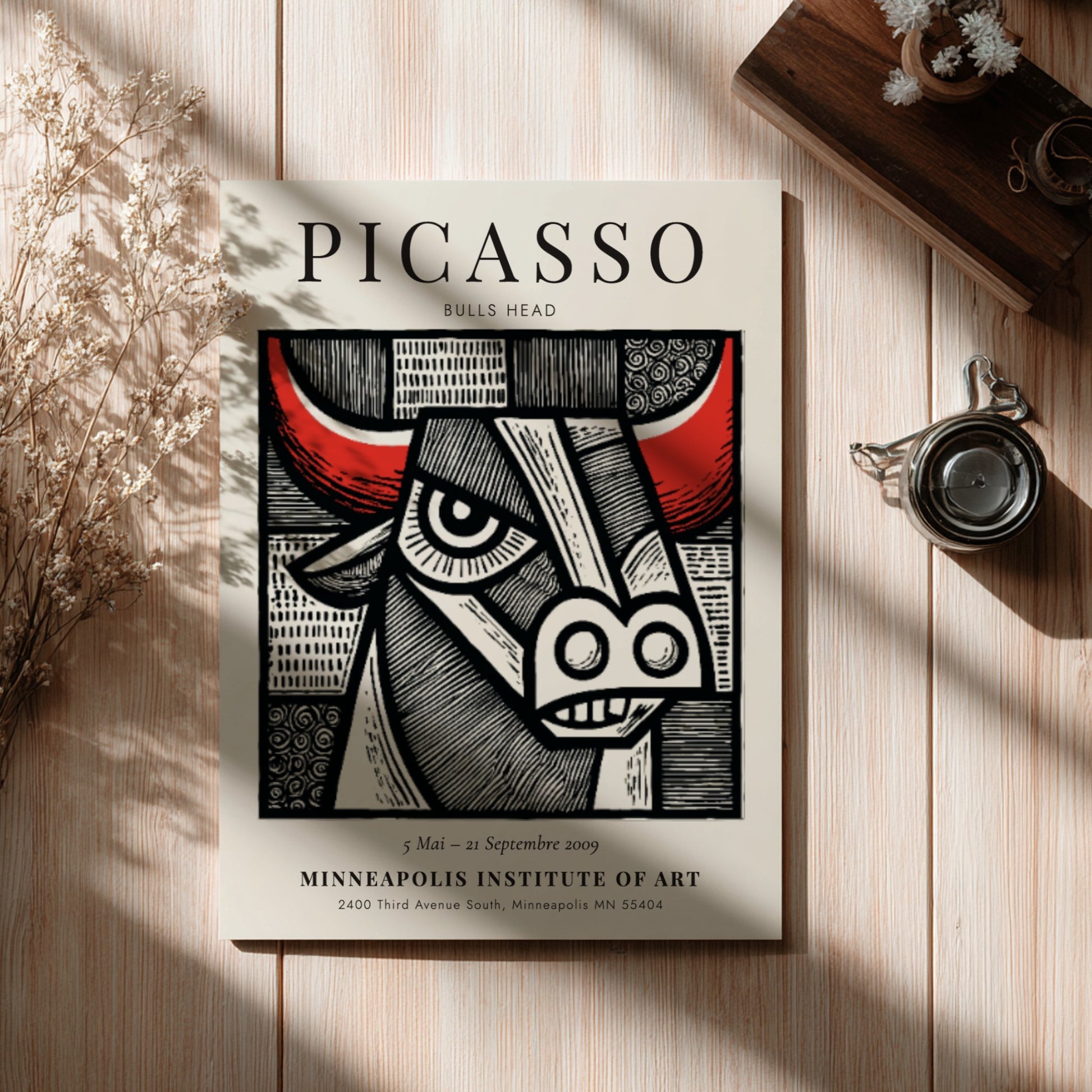 Bulls Head poster featuring bold lines and vibrant colors inspired by Picasso's artwork