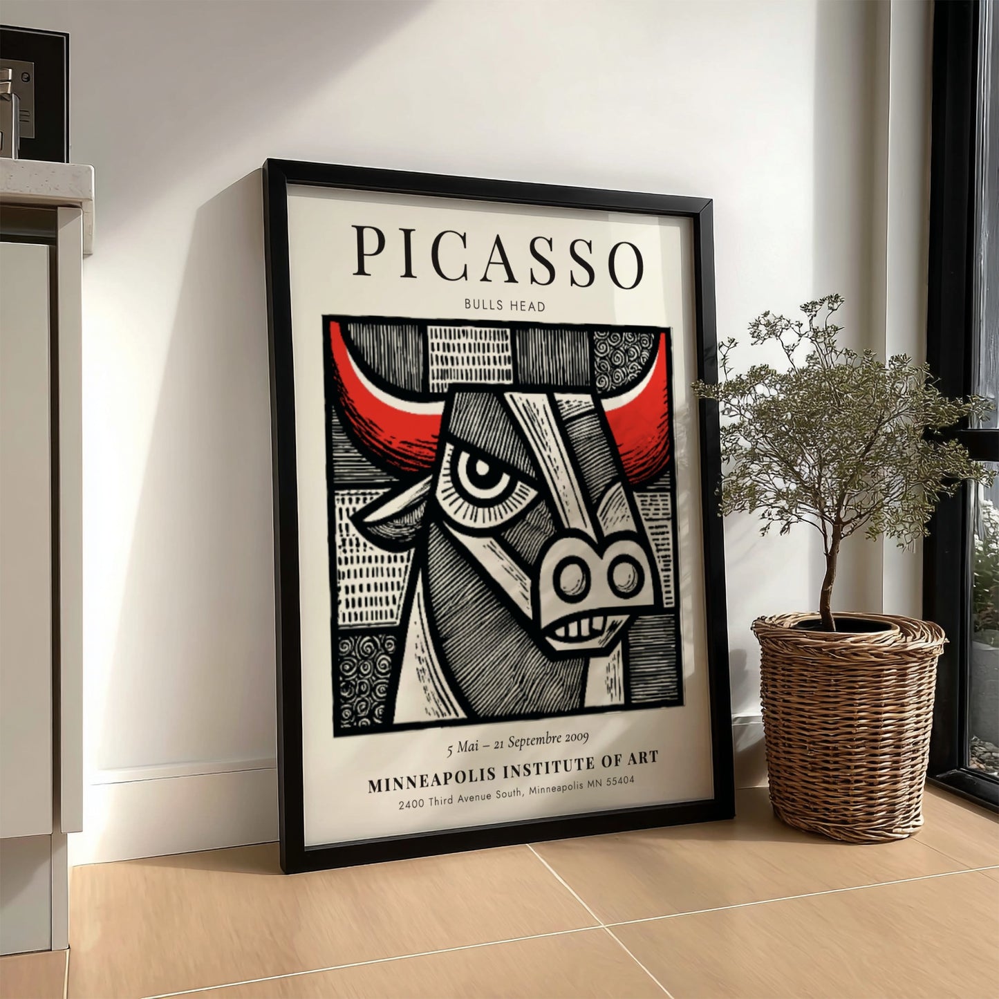 Bulls Head poster featuring bold lines and vibrant colors inspired by Picasso's artwork