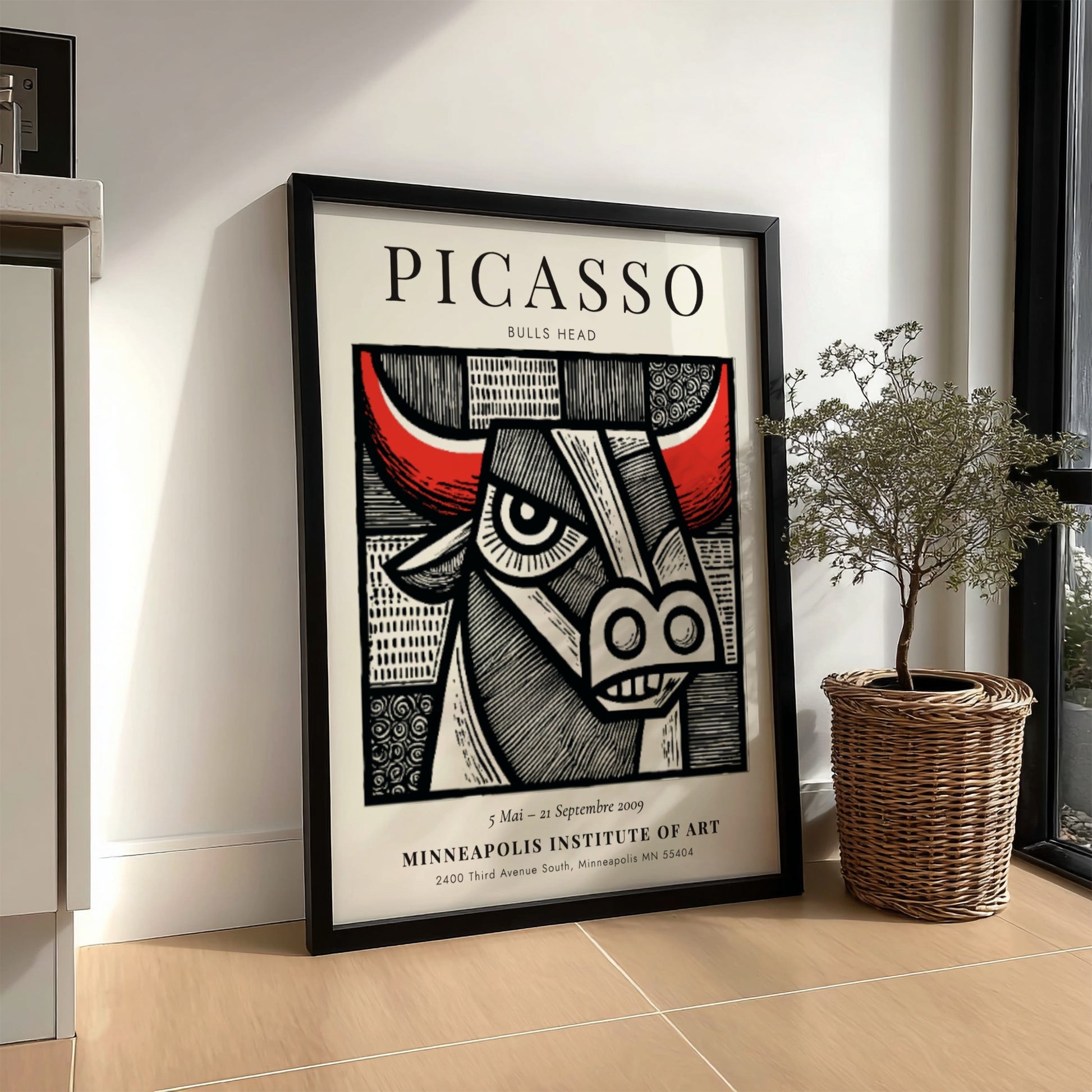 Bulls Head poster featuring bold lines and vibrant colors inspired by Picasso's artwork