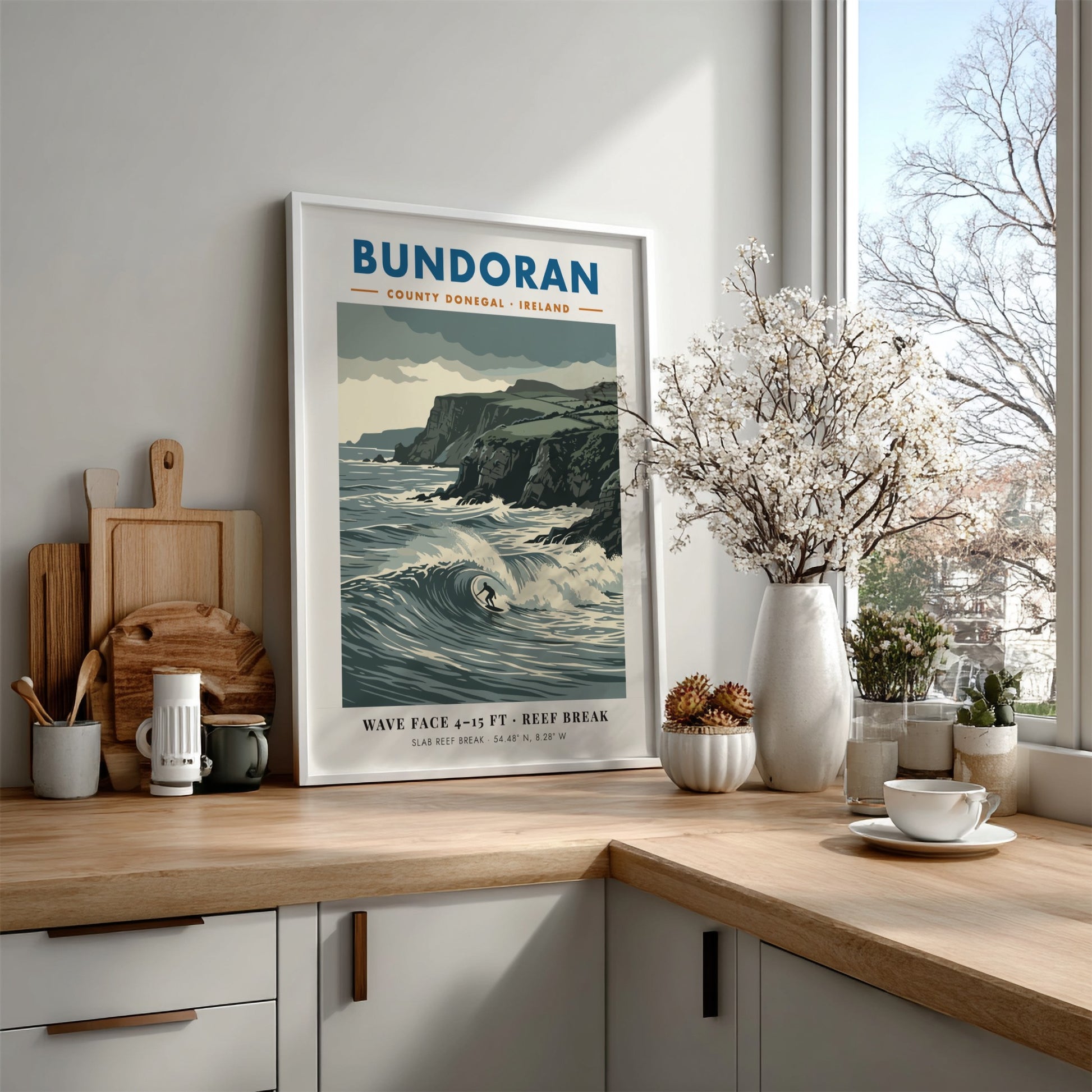 Bundoran surf poster showing a wave rider against dramatic dark cliffs and ocean.