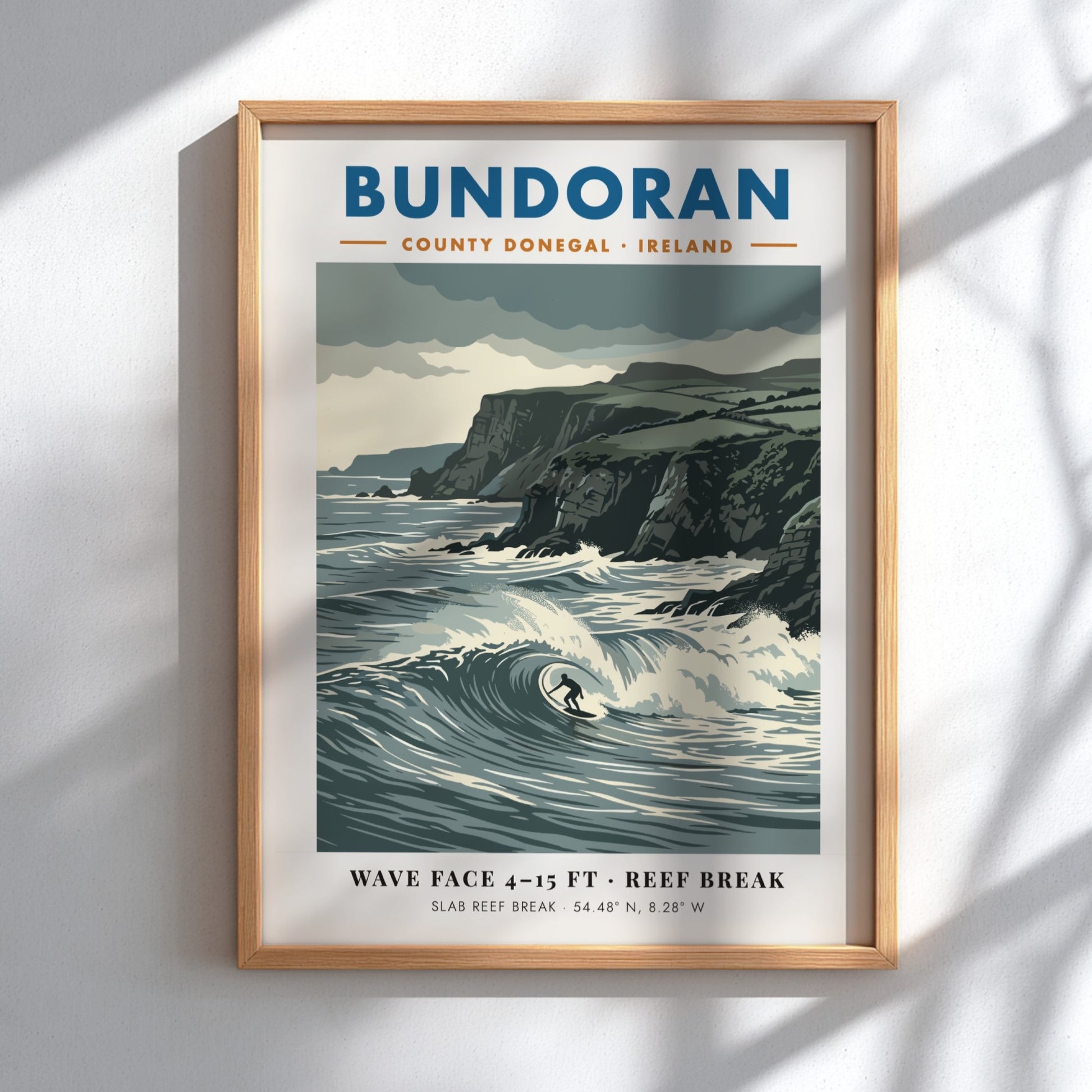 Bundoran surf poster showing a wave rider against dramatic dark cliffs and ocean.