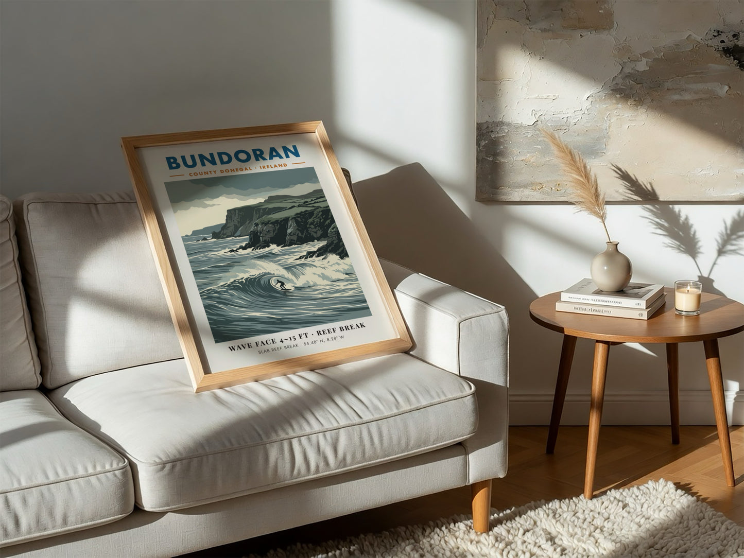 Bundoran surf poster showing a wave rider against dramatic dark cliffs and ocean.