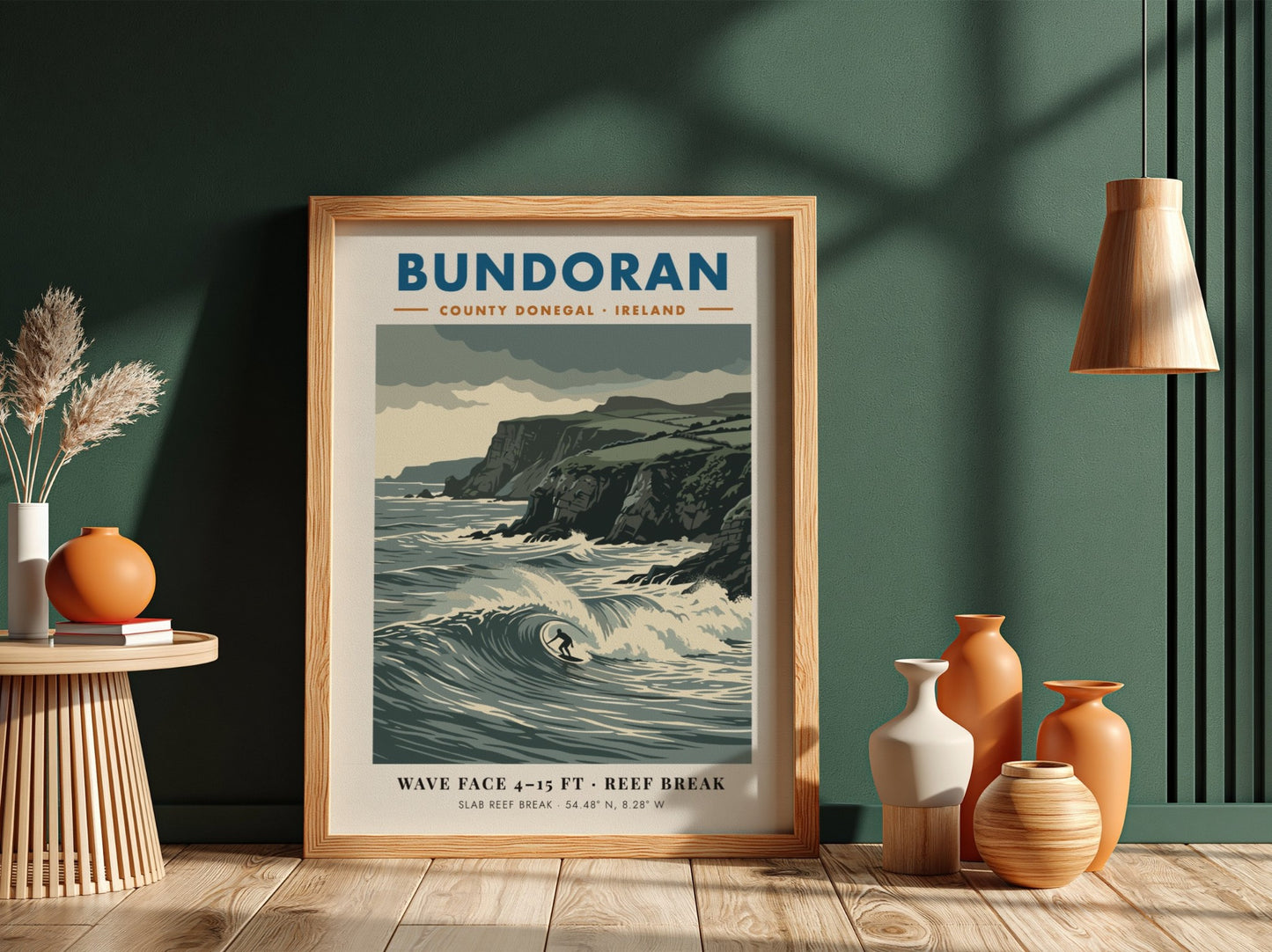 Bundoran surf poster showing a wave rider against dramatic dark cliffs and ocean.