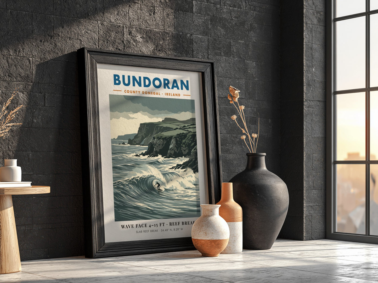 Bundoran surf poster showing a wave rider against dramatic dark cliffs and ocean.