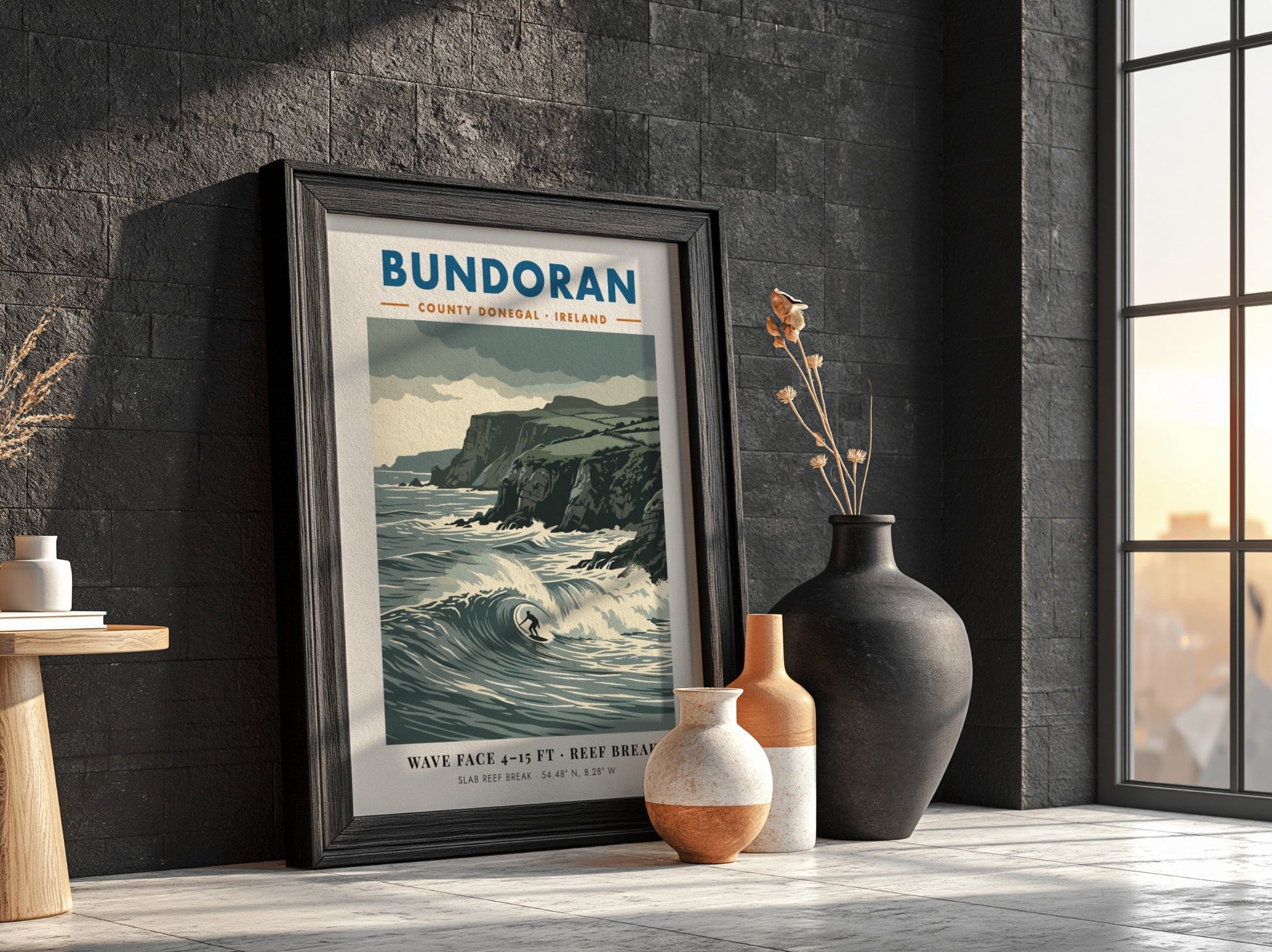 Bundoran surf poster showing a wave rider against dramatic dark cliffs and ocean.