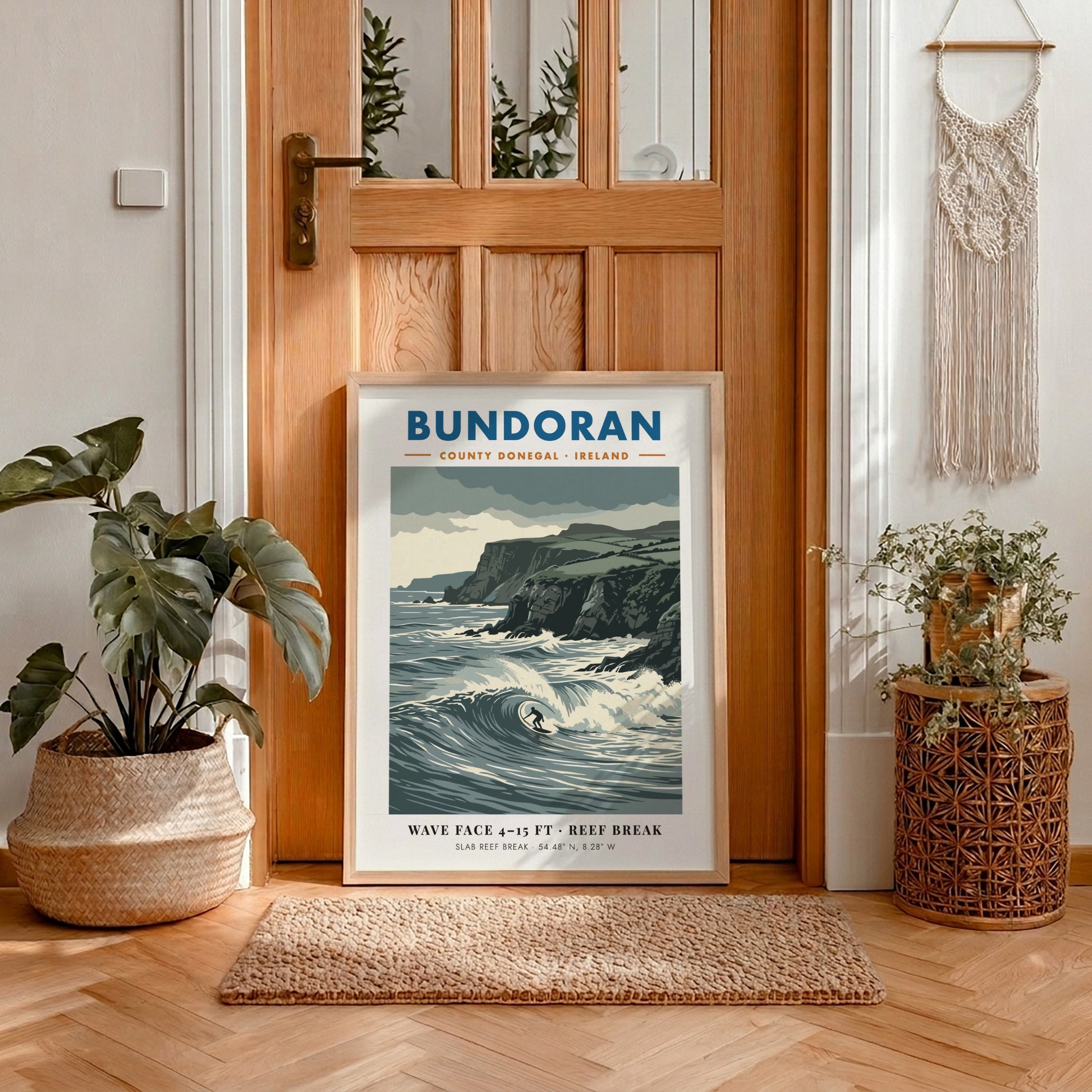 Bundoran surf poster showing a wave rider against dramatic dark cliffs and ocean.