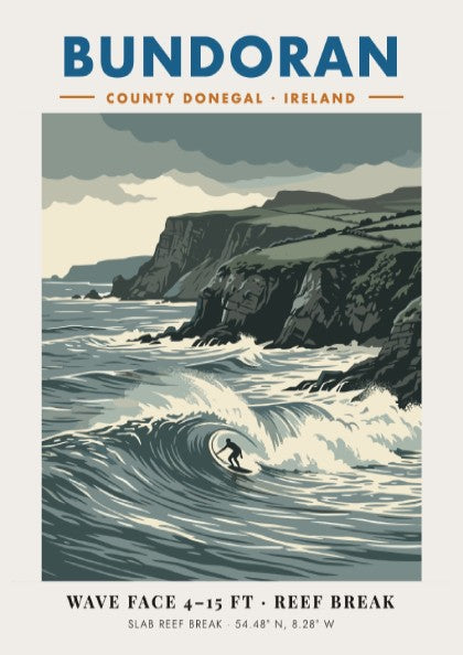 Bundoran surf poster showing a wave rider against dramatic dark cliffs and ocean.