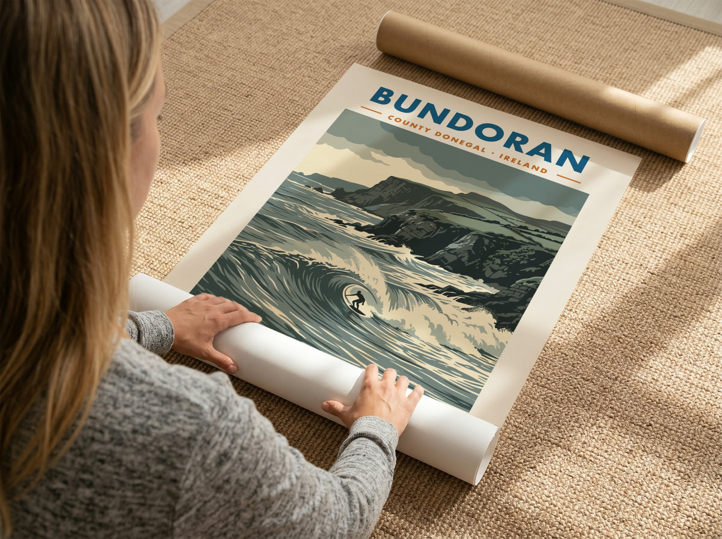 Bundoran surf poster showing a wave rider against dramatic dark cliffs and ocean.