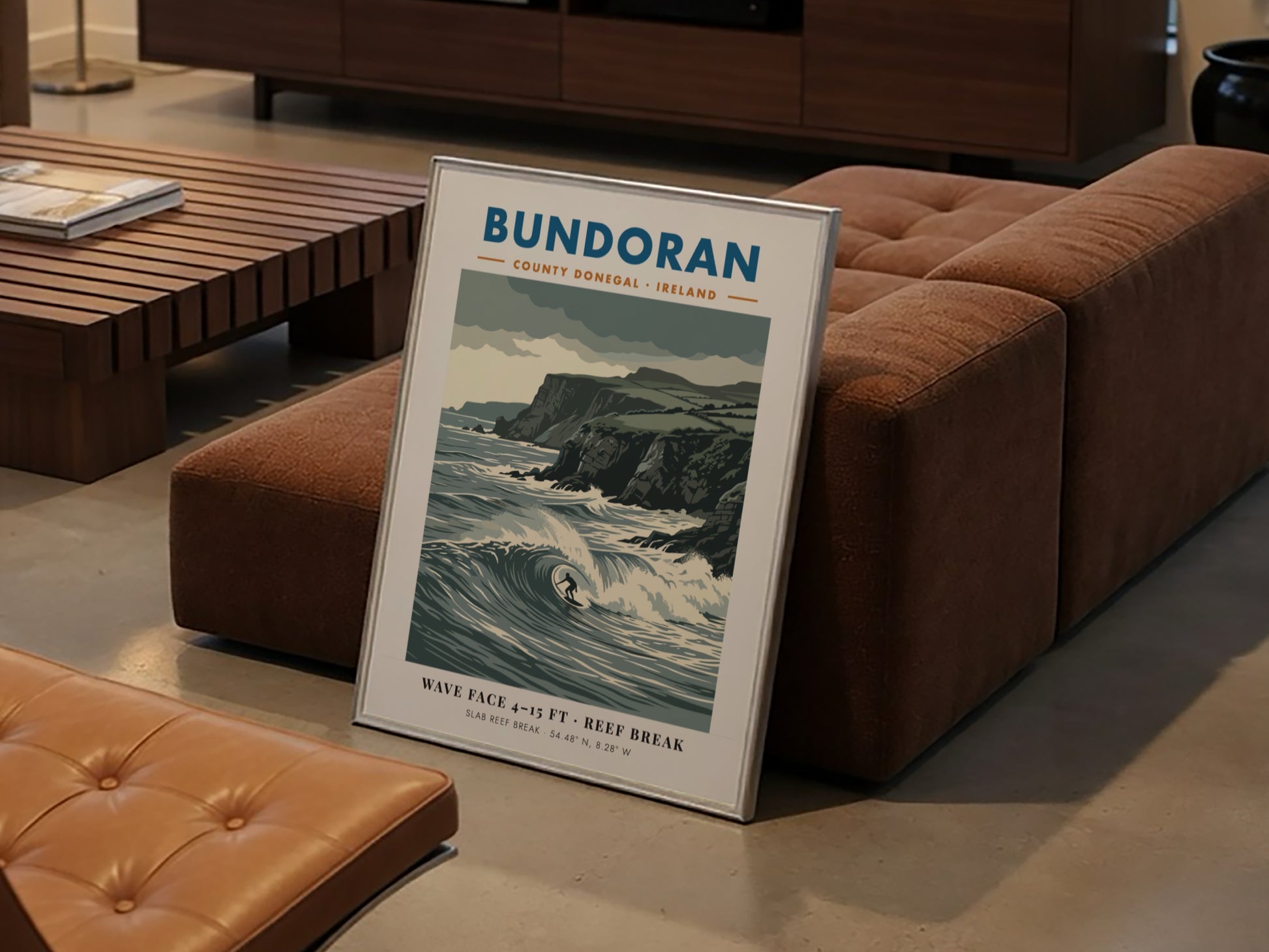 Bundoran surf poster showing a wave rider against dramatic dark cliffs and ocean.
