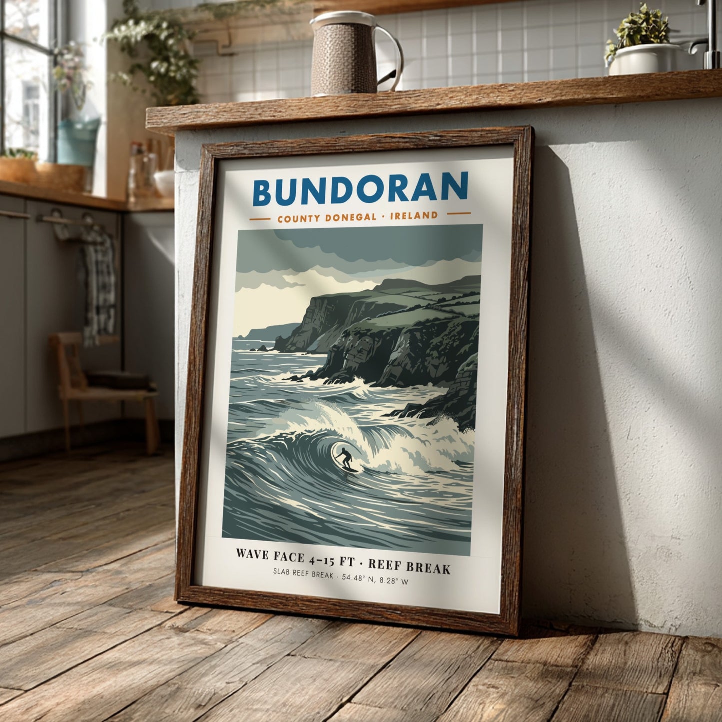 Bundoran surf poster showing a wave rider against dramatic dark cliffs and ocean.
