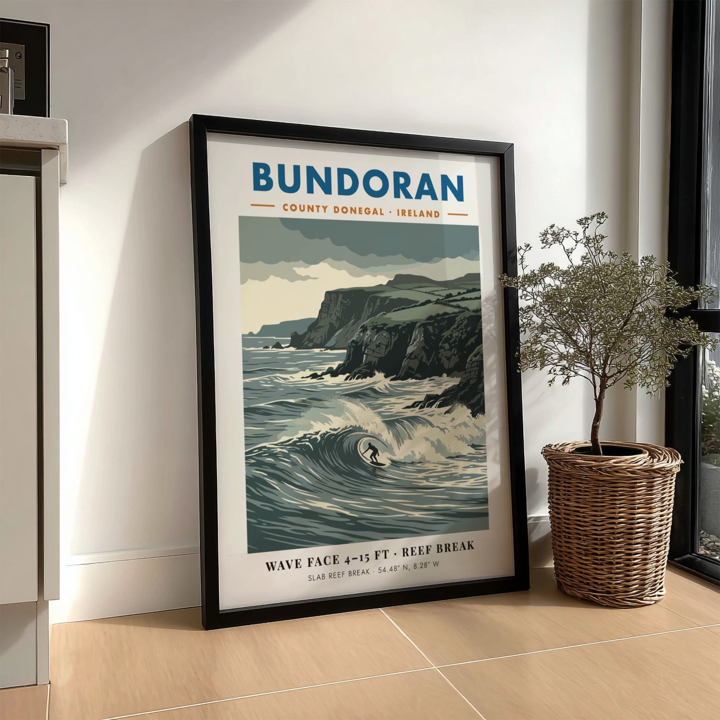 Bundoran surf poster showing a wave rider against dramatic dark cliffs and ocean.
