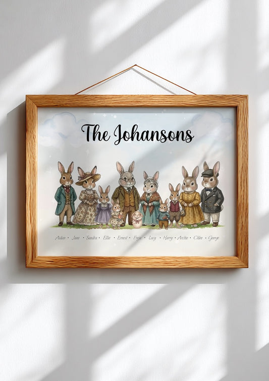 Framed artwork with 'The Johansons' and illustrations of a family of rabbits on a white wall.
