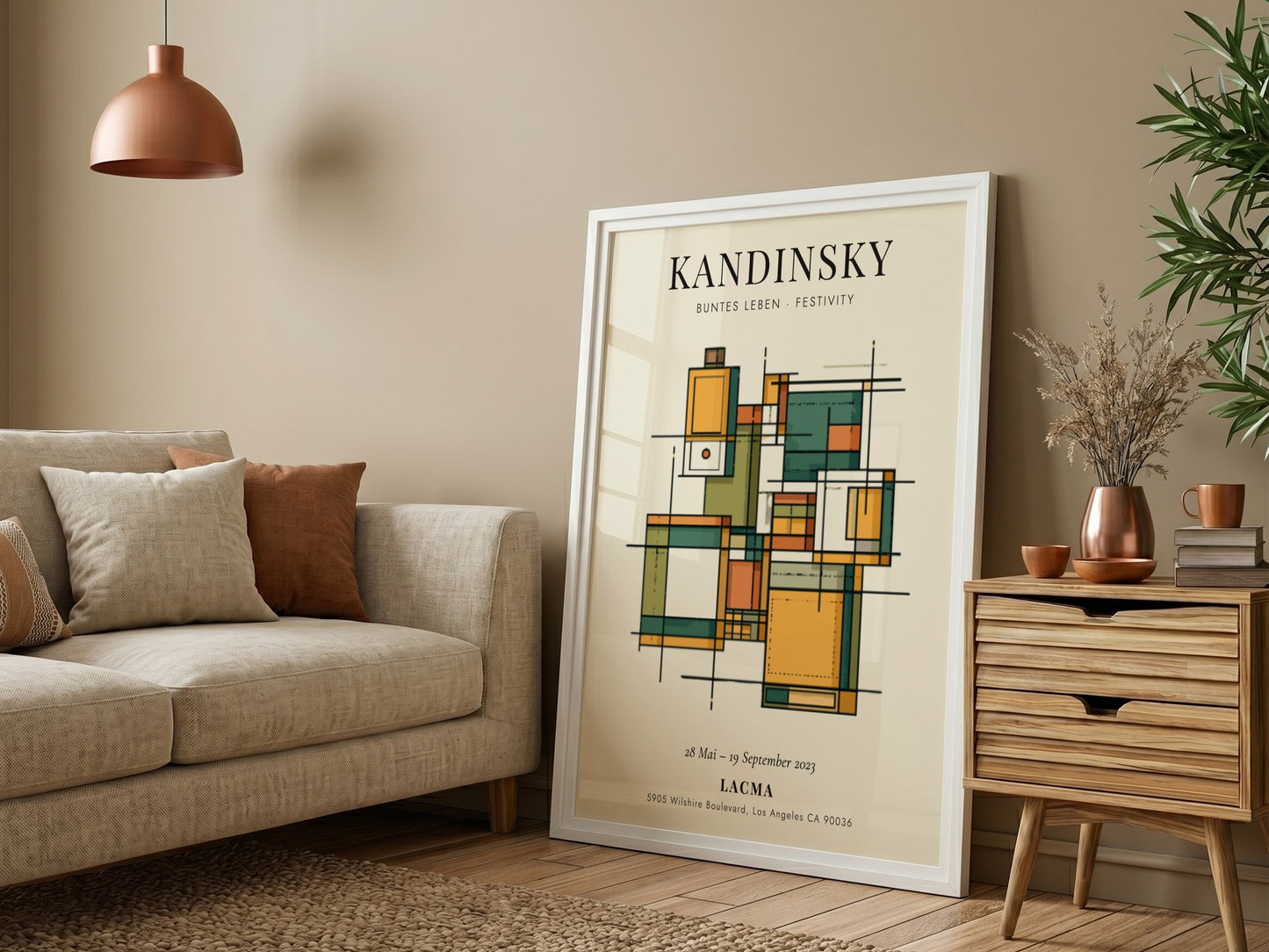 Kandinsky inspired poster featuring geometric shapes in warm colors and abstract style