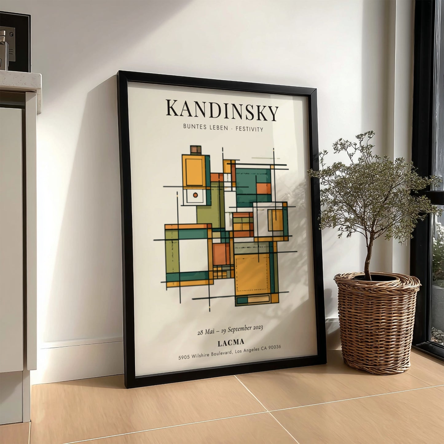 Kandinsky inspired poster featuring geometric shapes in warm colors and abstract style