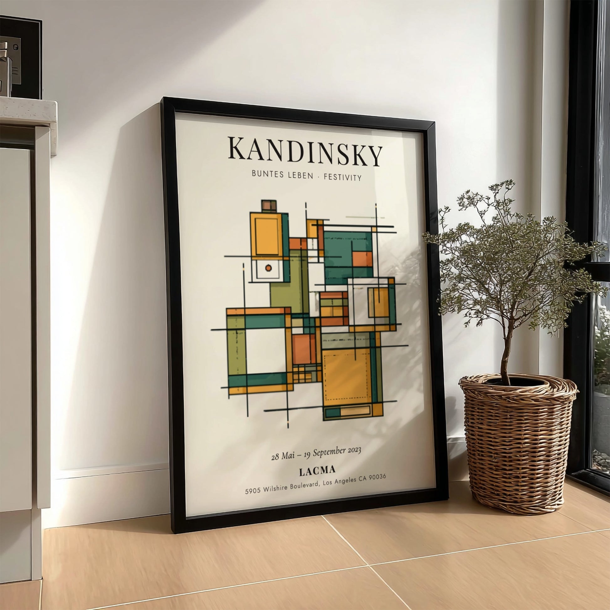 Kandinsky inspired poster featuring geometric shapes in warm colors and abstract style