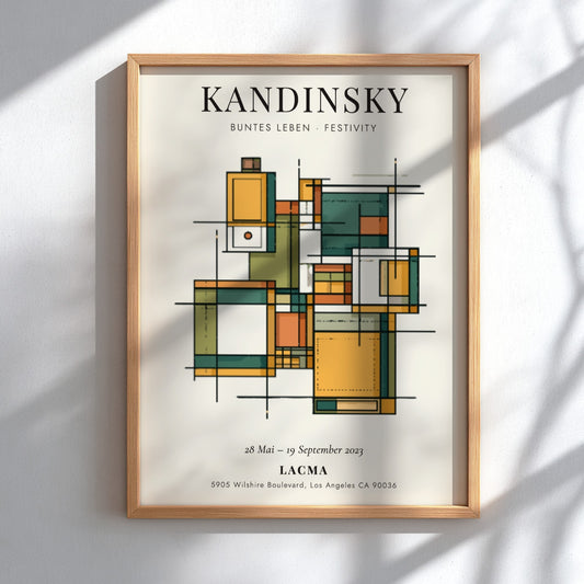 Kandinsky inspired poster featuring geometric shapes in warm colors and abstract style
