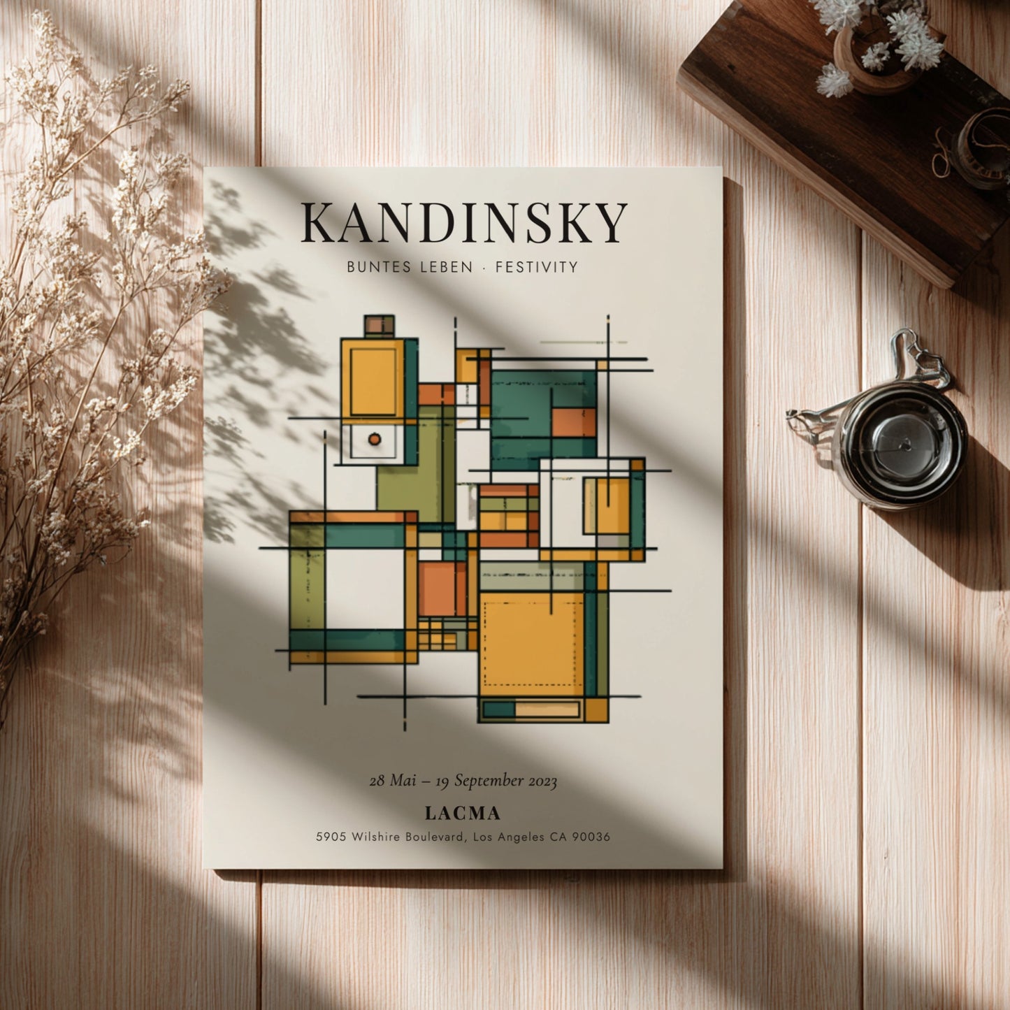 Kandinsky inspired poster featuring geometric shapes in warm colors and abstract style
