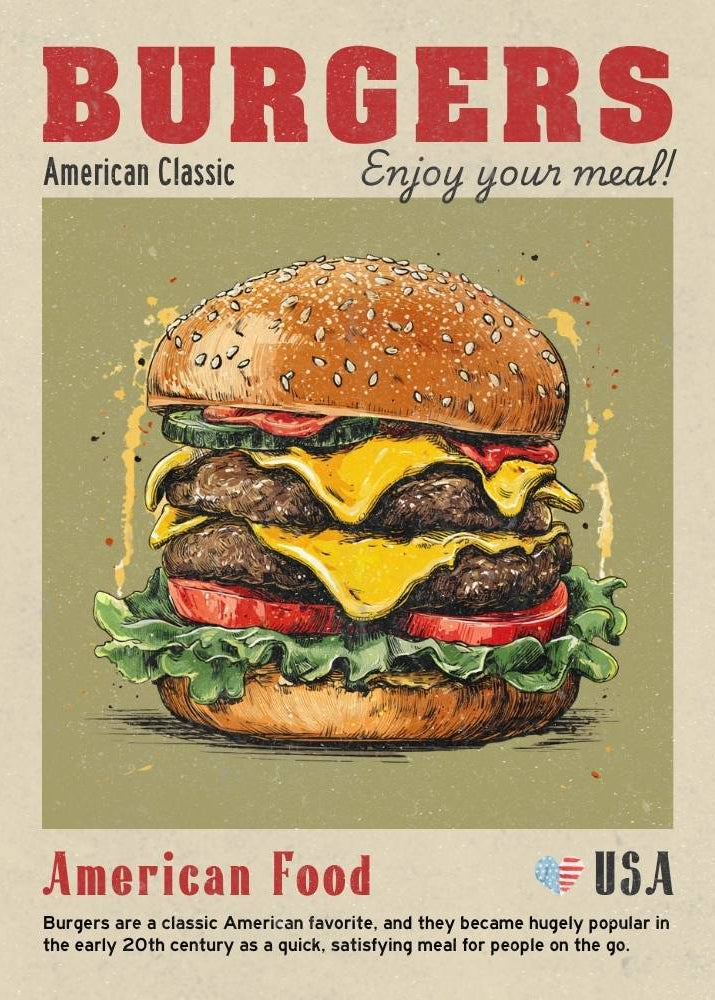Vintage-style advertisement for burgers with a large illustration of a burger on a green background.