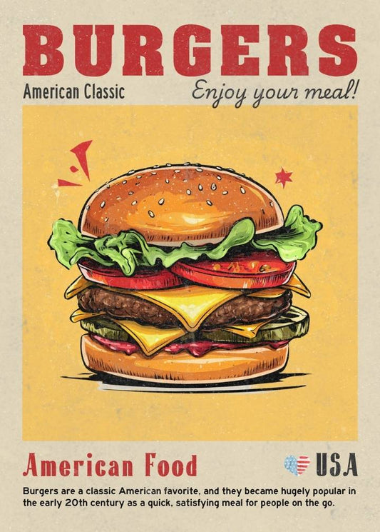 Vintage-style poster with a large burger illustration and text about burgers being an American classic.