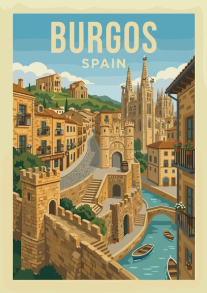 Vintage travel poster of Burgos Cathedral, Spain, with a stylized cityscape and river.