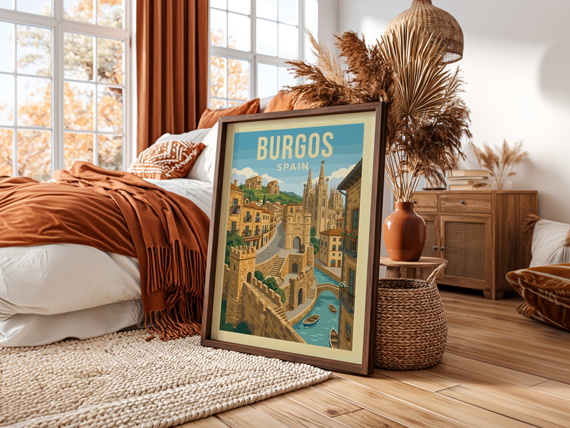 Vintage travel poster of Burgos Cathedral, Spain, with a stylized cityscape and river.