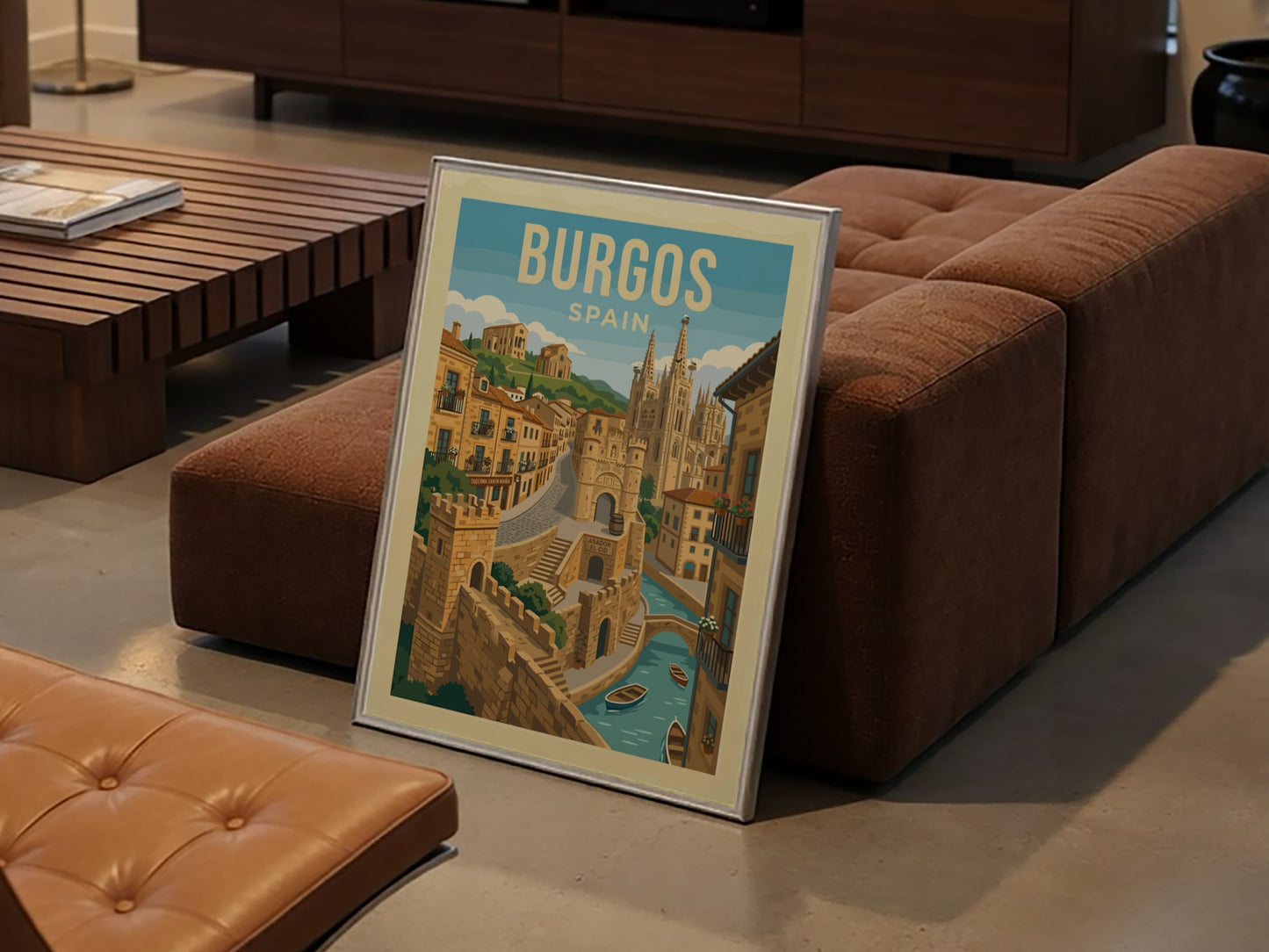 Vintage travel poster of Burgos Cathedral, Spain, with a stylized cityscape and river.