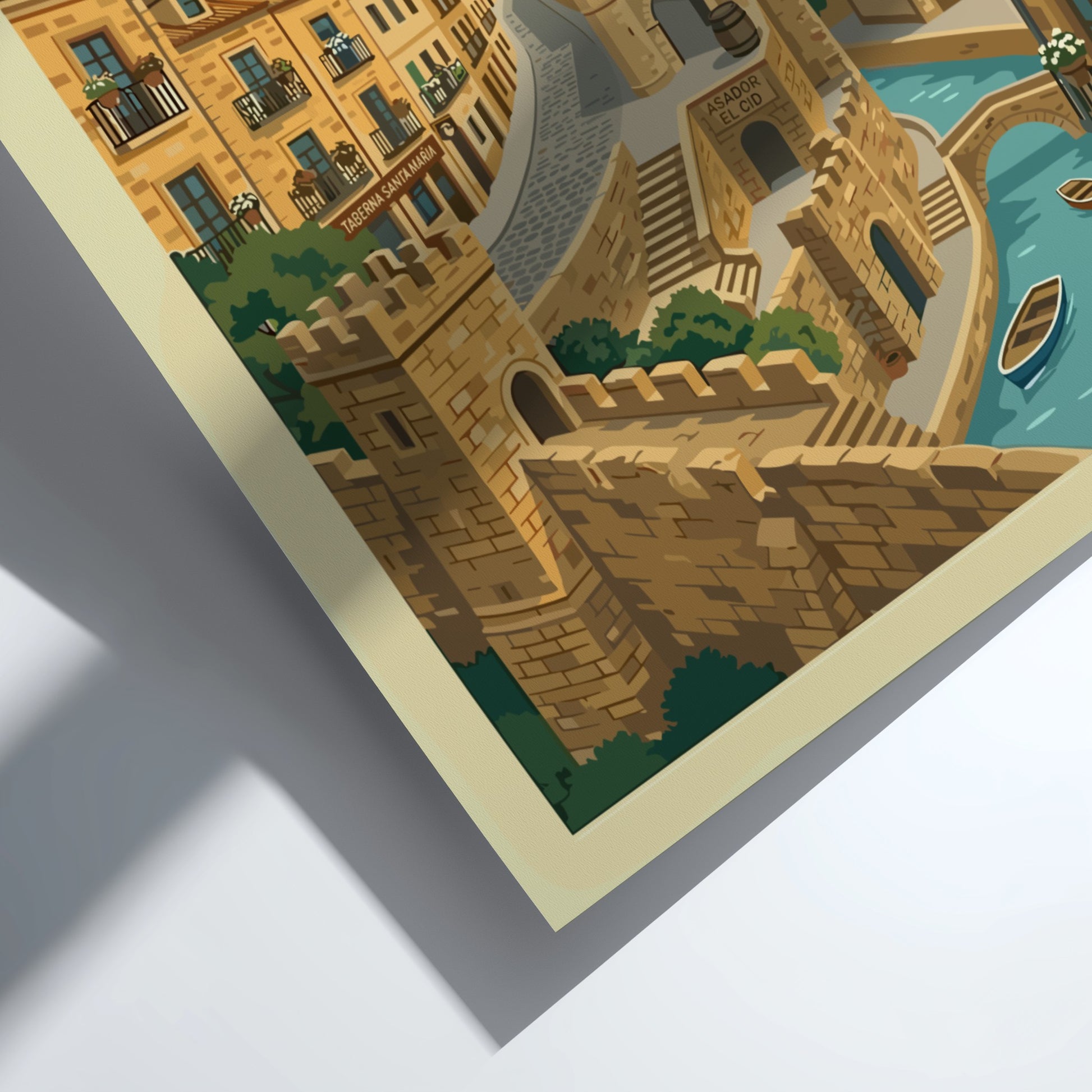 Vintage travel poster of Burgos Cathedral, Spain, with a stylized cityscape and river.