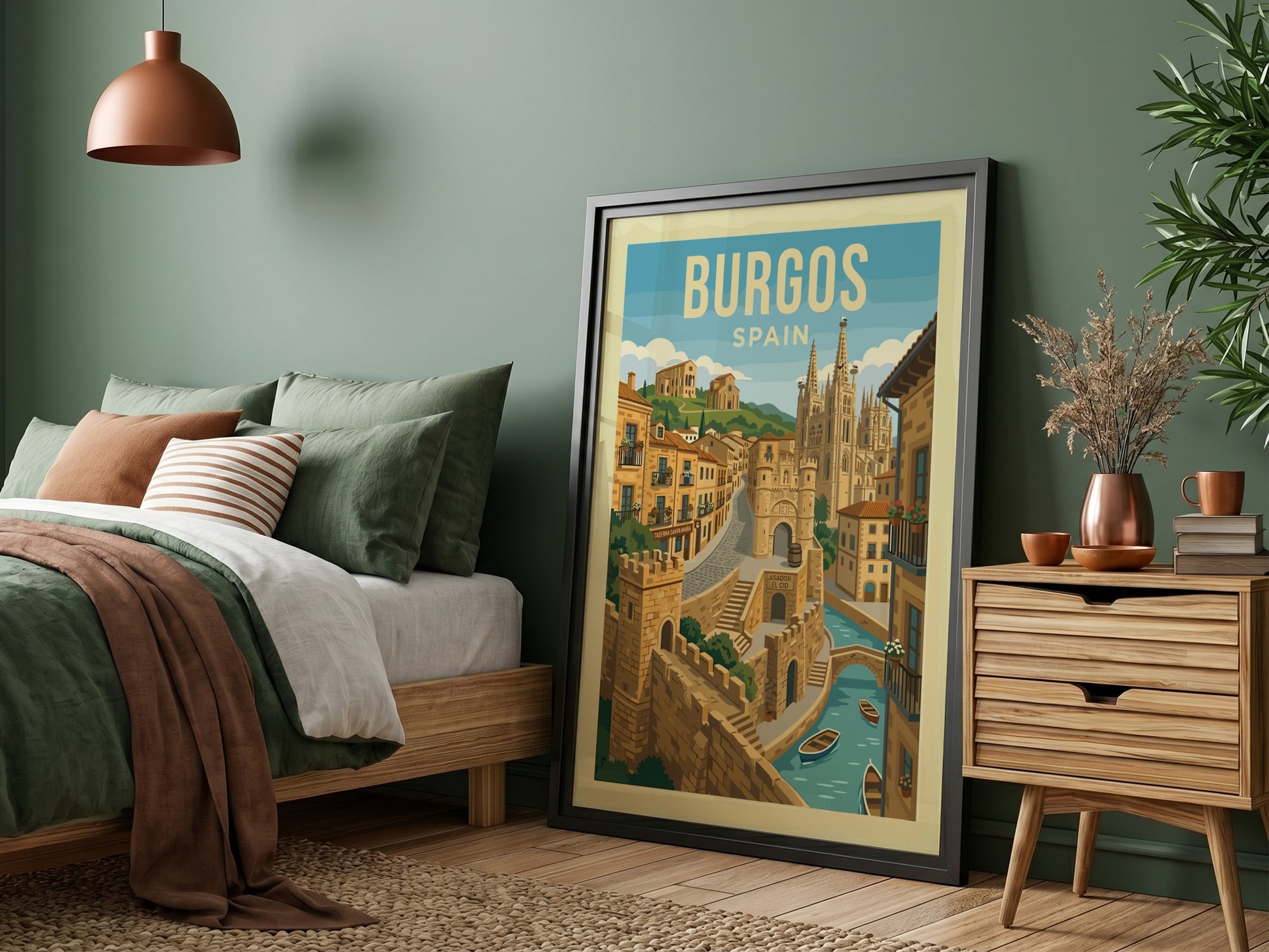 Vintage travel poster of Burgos Cathedral, Spain, with a stylized cityscape and river.