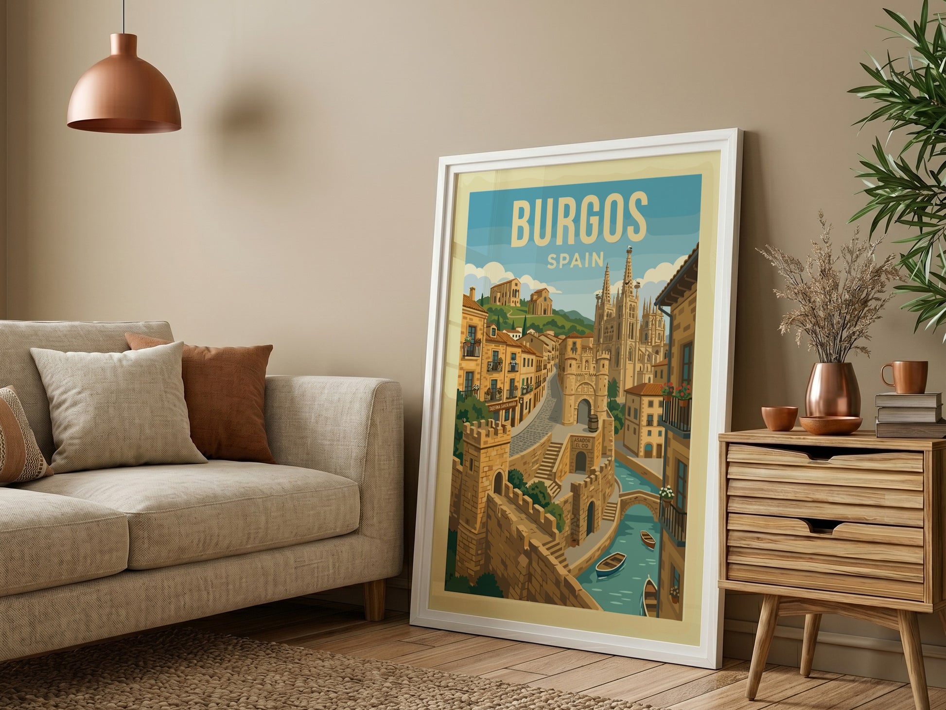 Vintage travel poster of Burgos Cathedral, Spain, with a stylized cityscape and river.